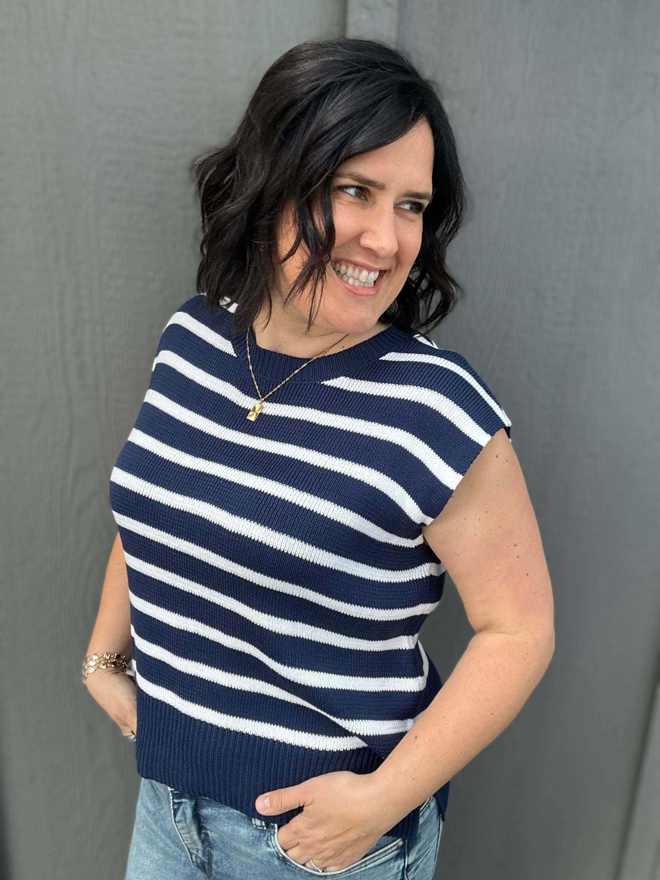 Navy Striped Crew Neck Sleeveless Sweater Top - Sweater STACCATO