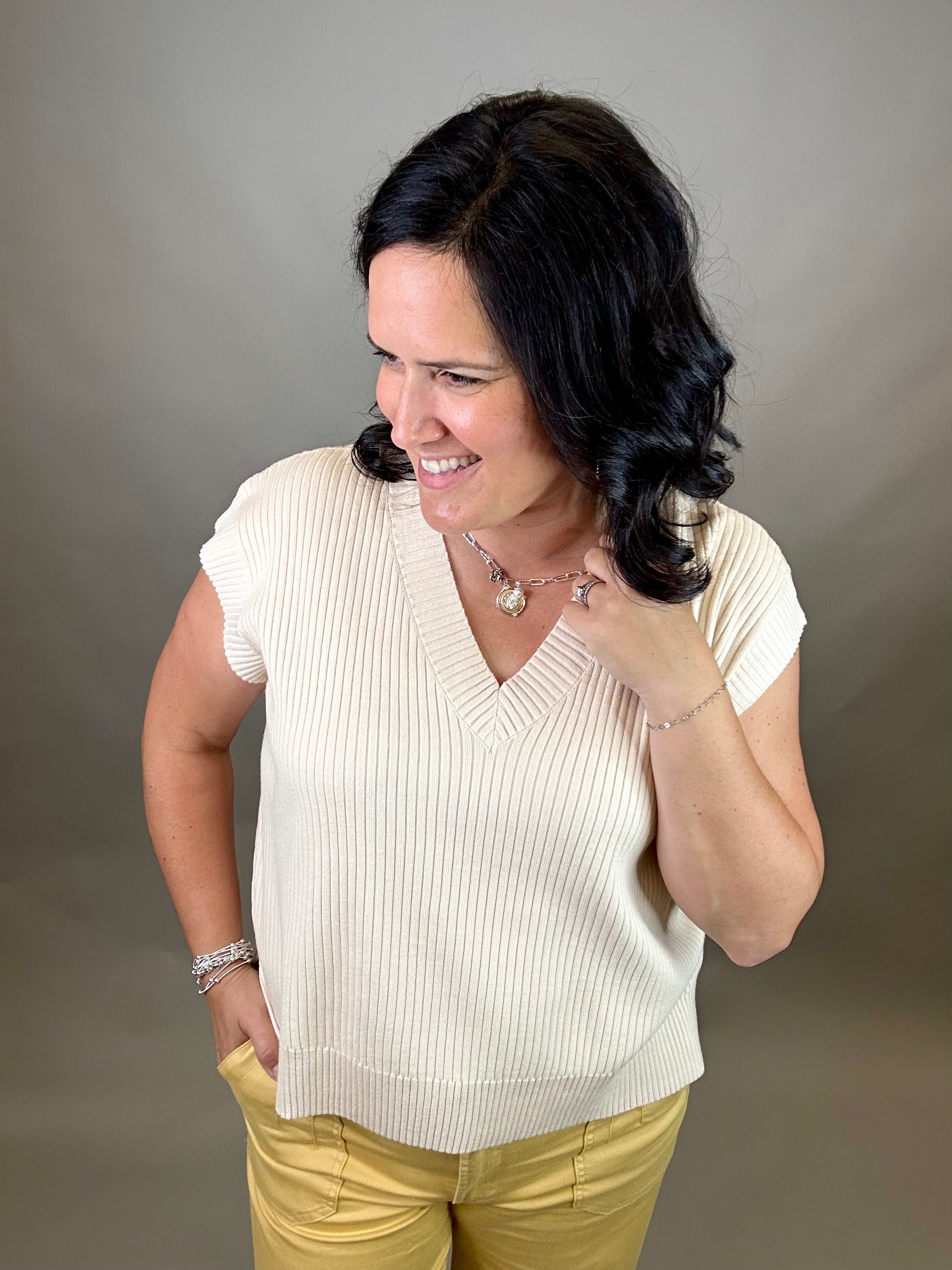 Natural Ribbed Sweater Vest Top - Sweater WISHLIST