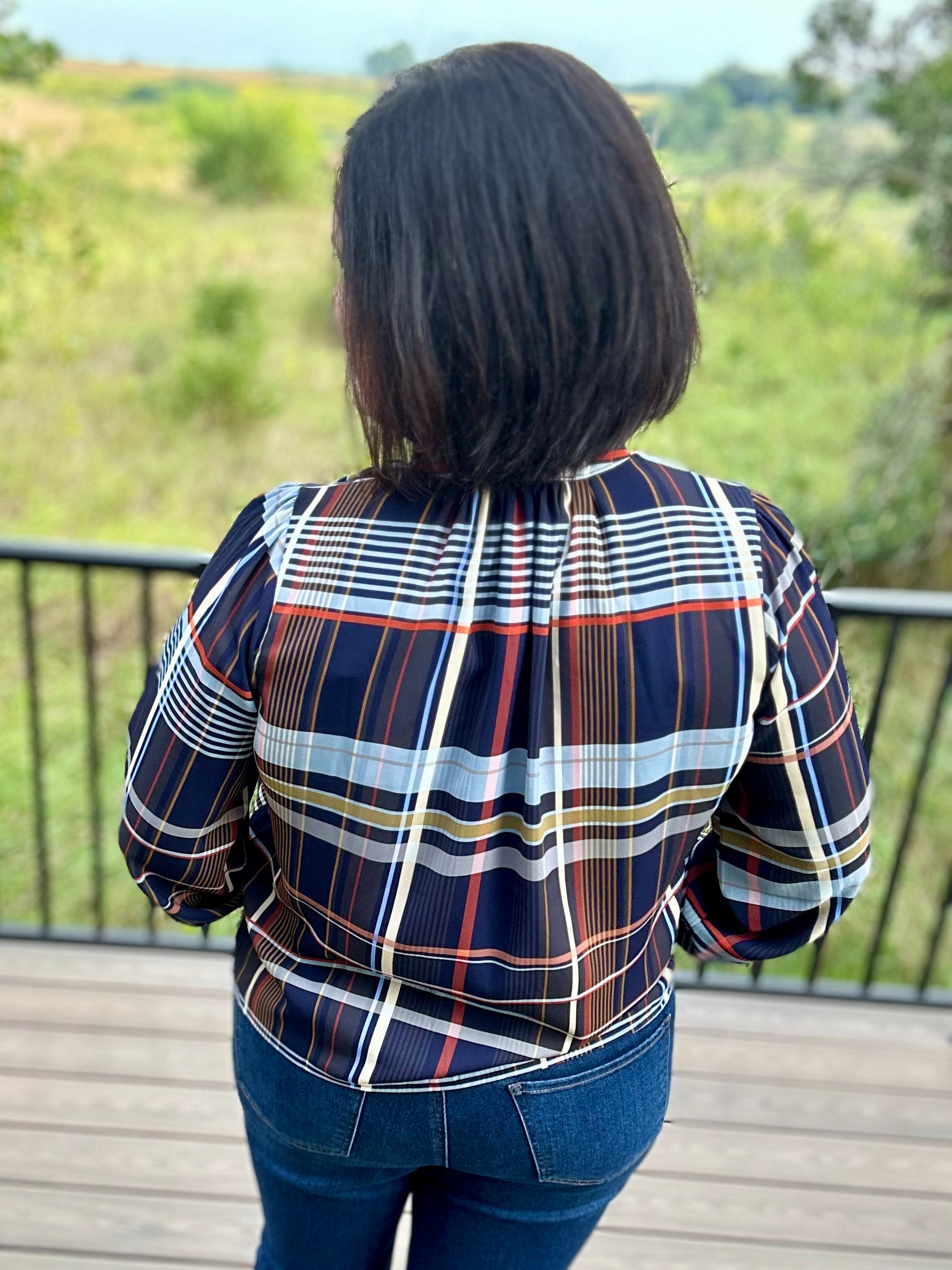 Navy Plaid Button Front Blouse Tops- Blouses THML