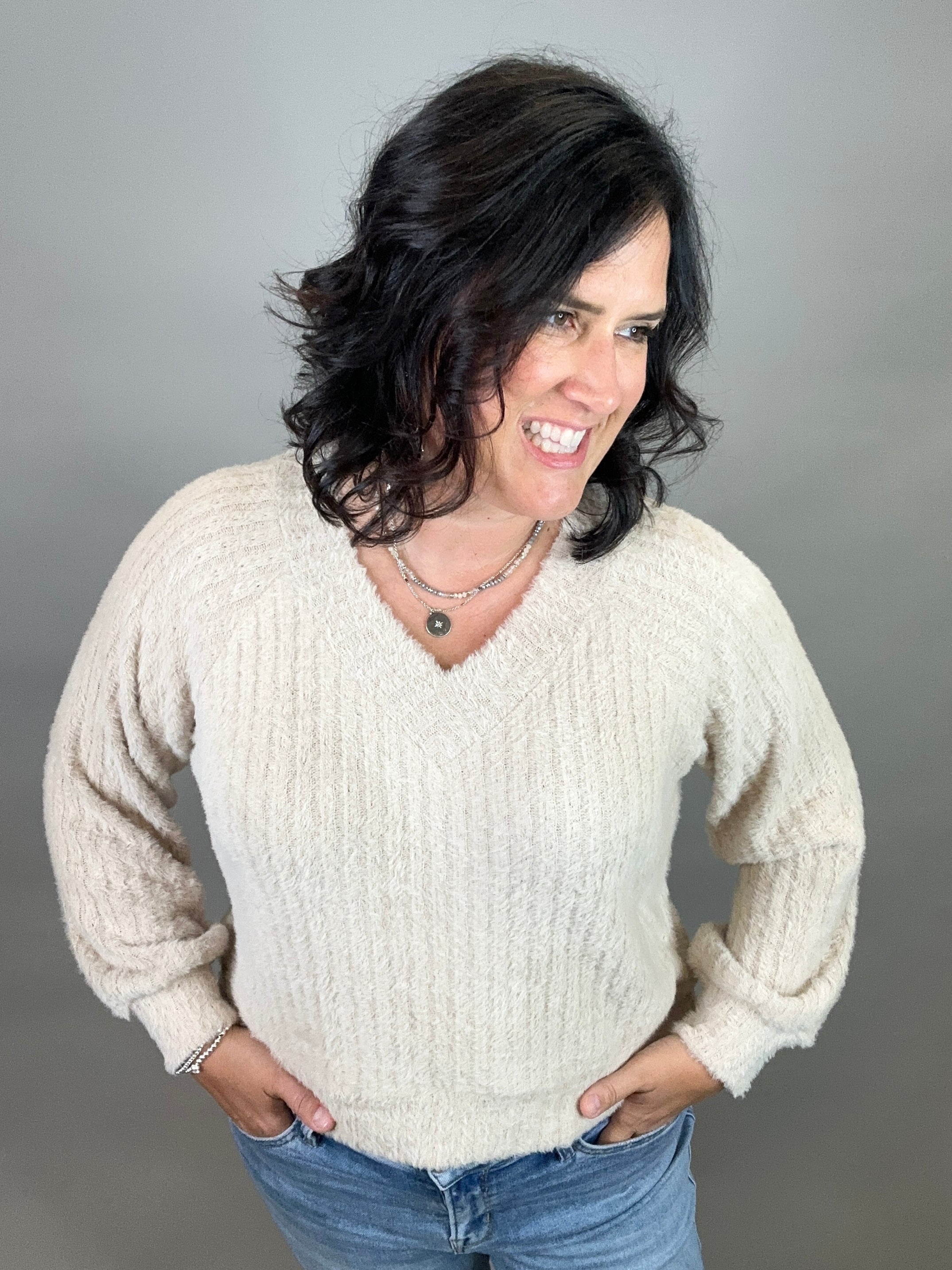Beige Soft Knitted Pullover Top - Sweater DOE & RAE
