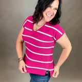 Magenta Striped V Neck Short Sleeve Sweater Top - Sweater STACCATO