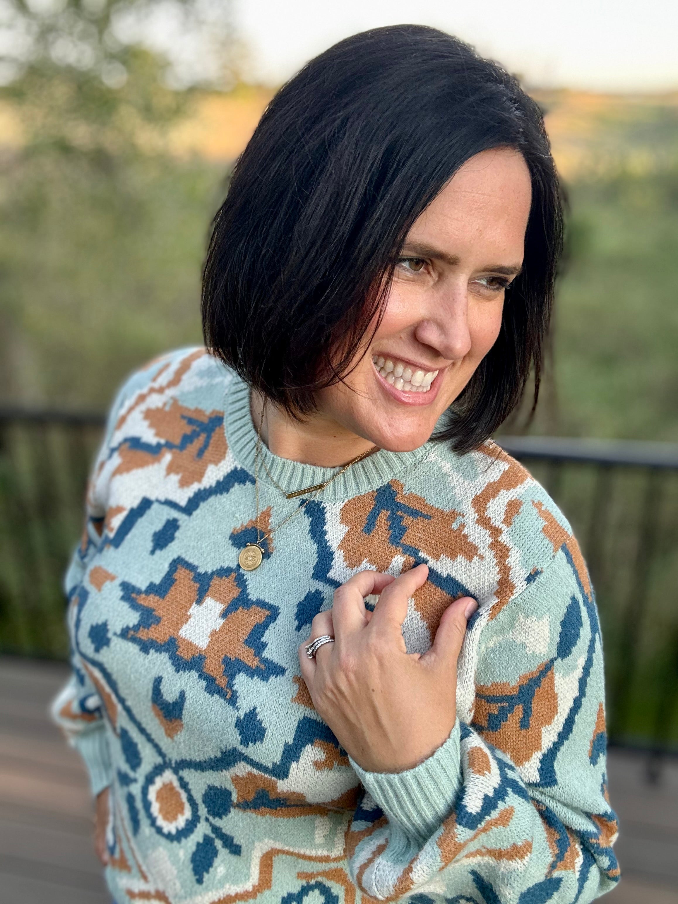 Sage/Gold Puff Sleeve Knit Sweater Top - Sweater VOY