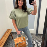 Sage Eyelet Contract Short Sleeve Sweatshirt Top - Sweatshirt DOE & RAE
