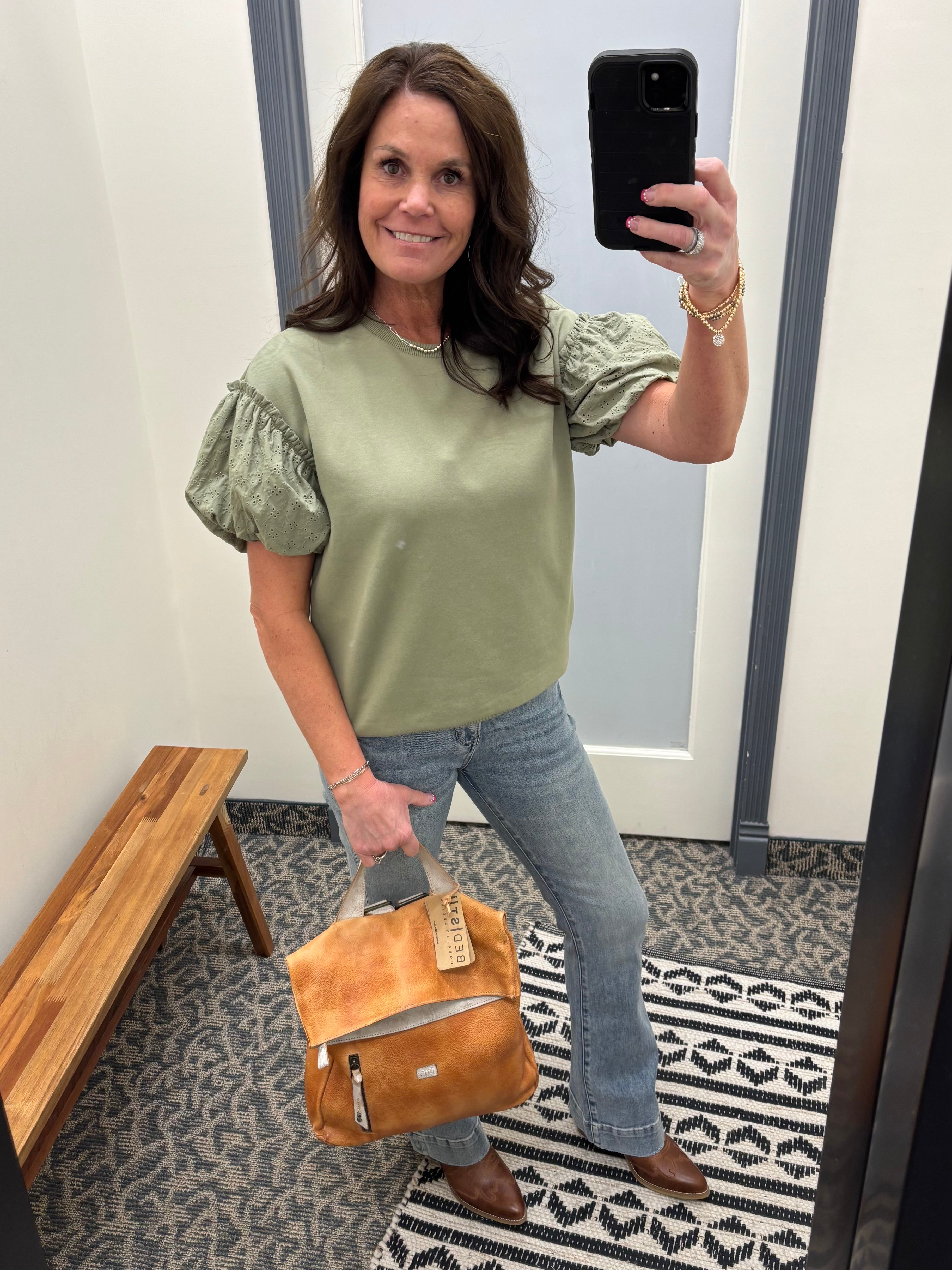 Sage Eyelet Contract Short Sleeve Sweatshirt Top - Sweatshirt DOE & RAE
