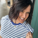Blue/White Striped Top Piping Detail Top - Tee STACCATO