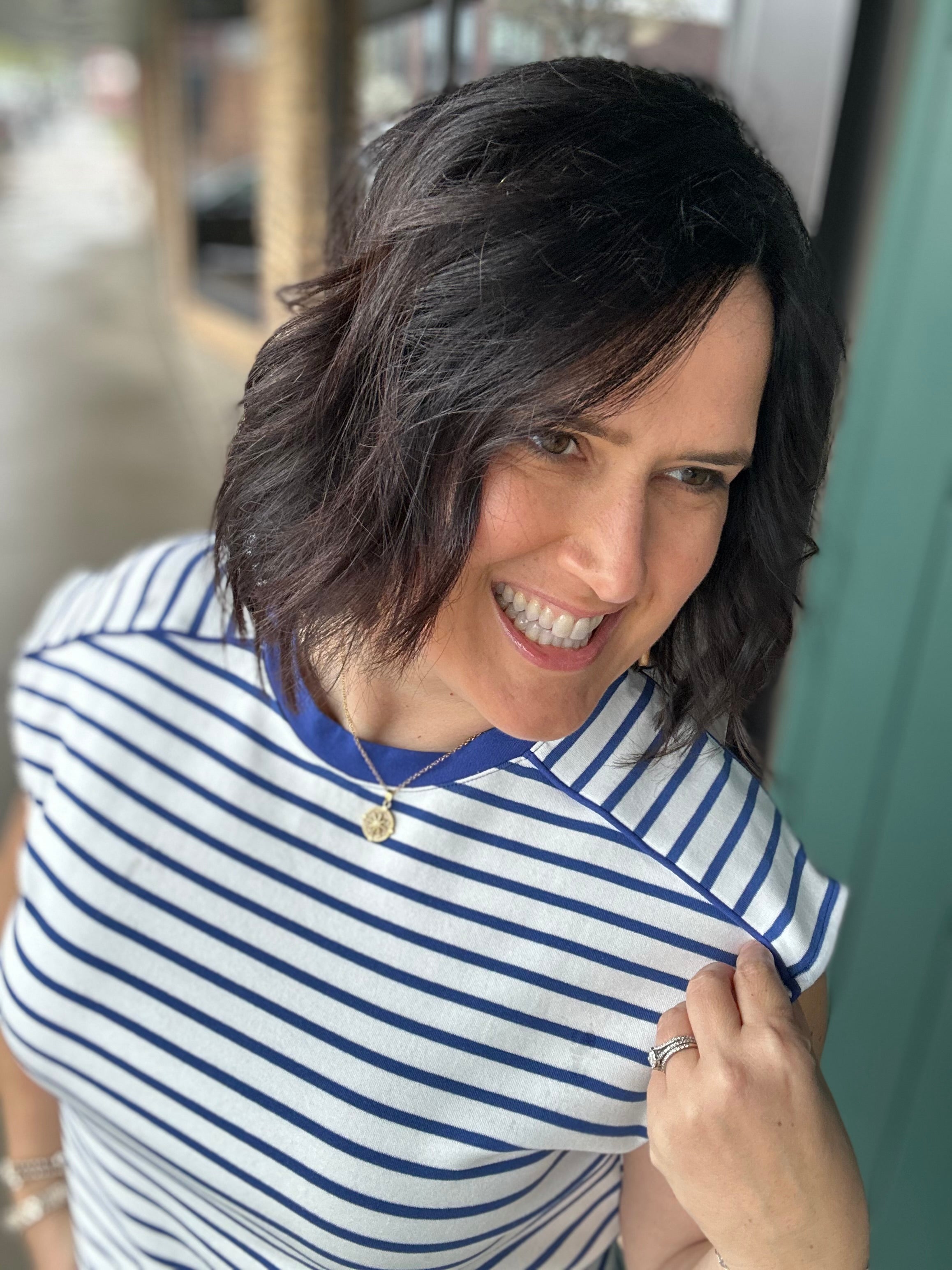 Blue/White Striped Top Piping Detail Top - Tee STACCATO