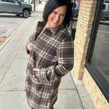 Brown Plaid Shirt Collar Button Front Long Coat Outerwear- Jackets HEM & THREAD