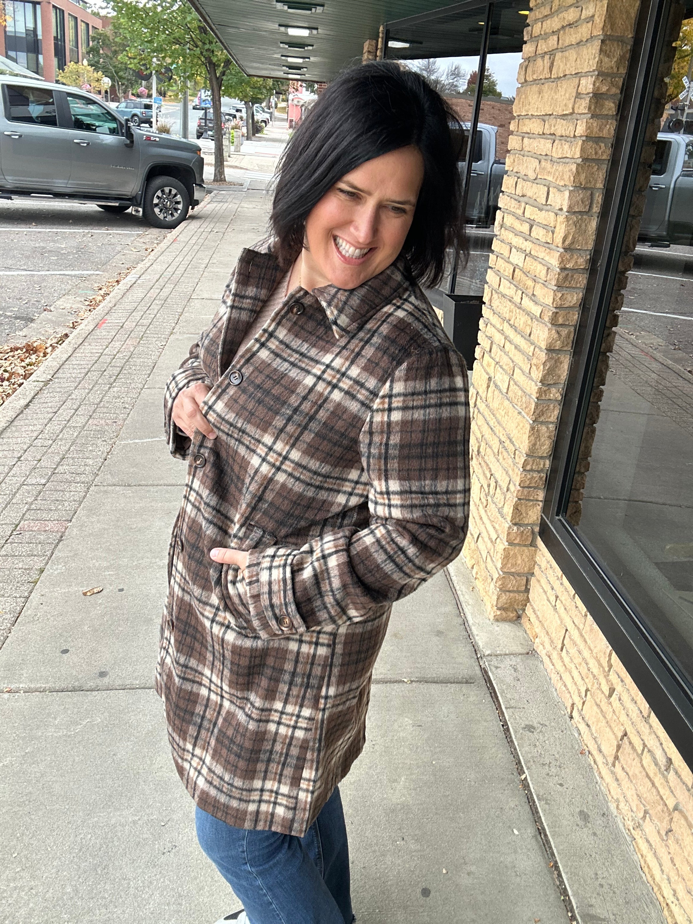 Brown Plaid Shirt Collar Button Front Long Coat Outerwear- Jackets HEM & THREAD