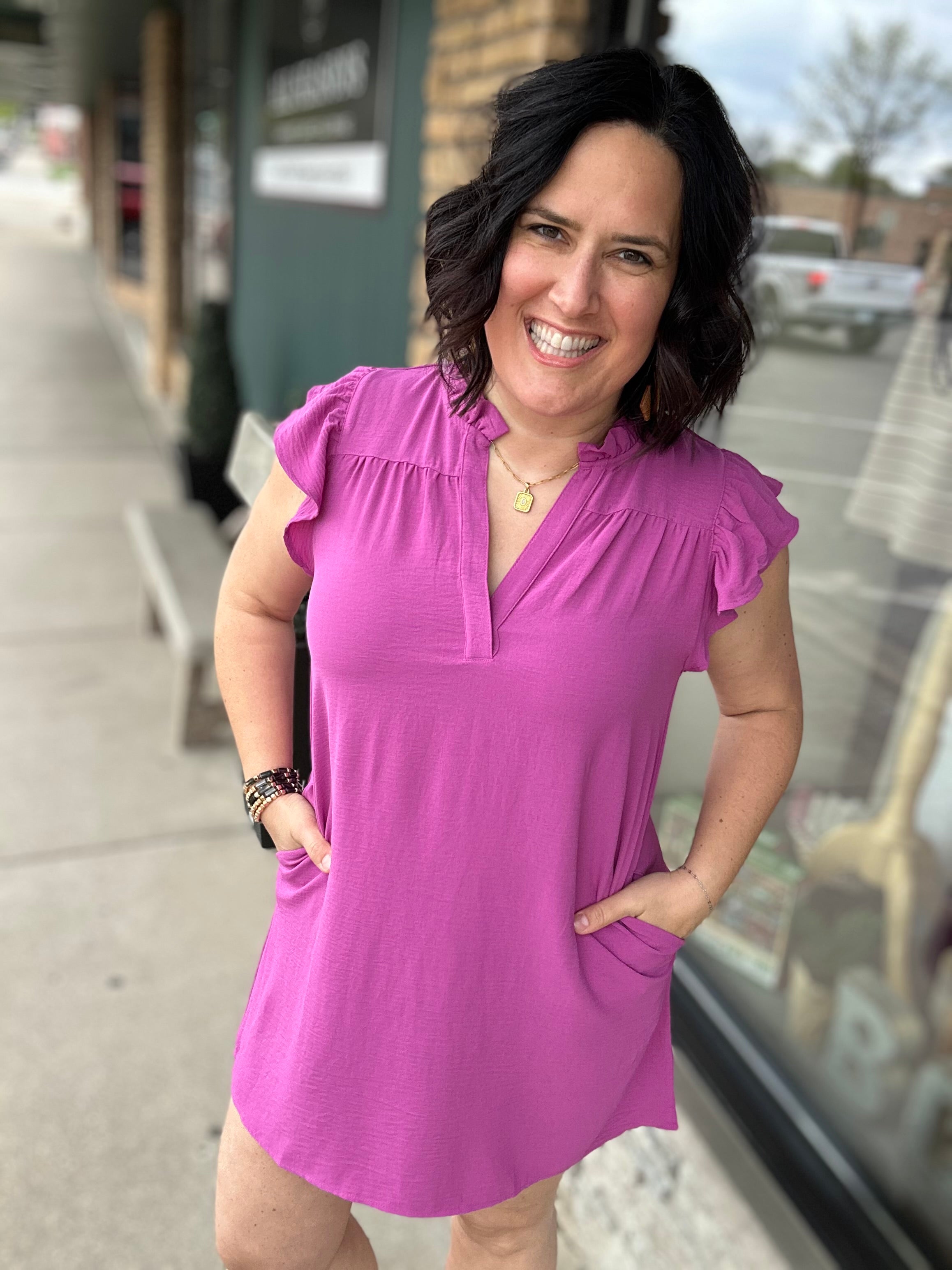 Magenta Frilled Split Neck Dress Dresses STACCATO