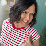 Red/White Striped Top Piping Detail Top - Tee STACCATO