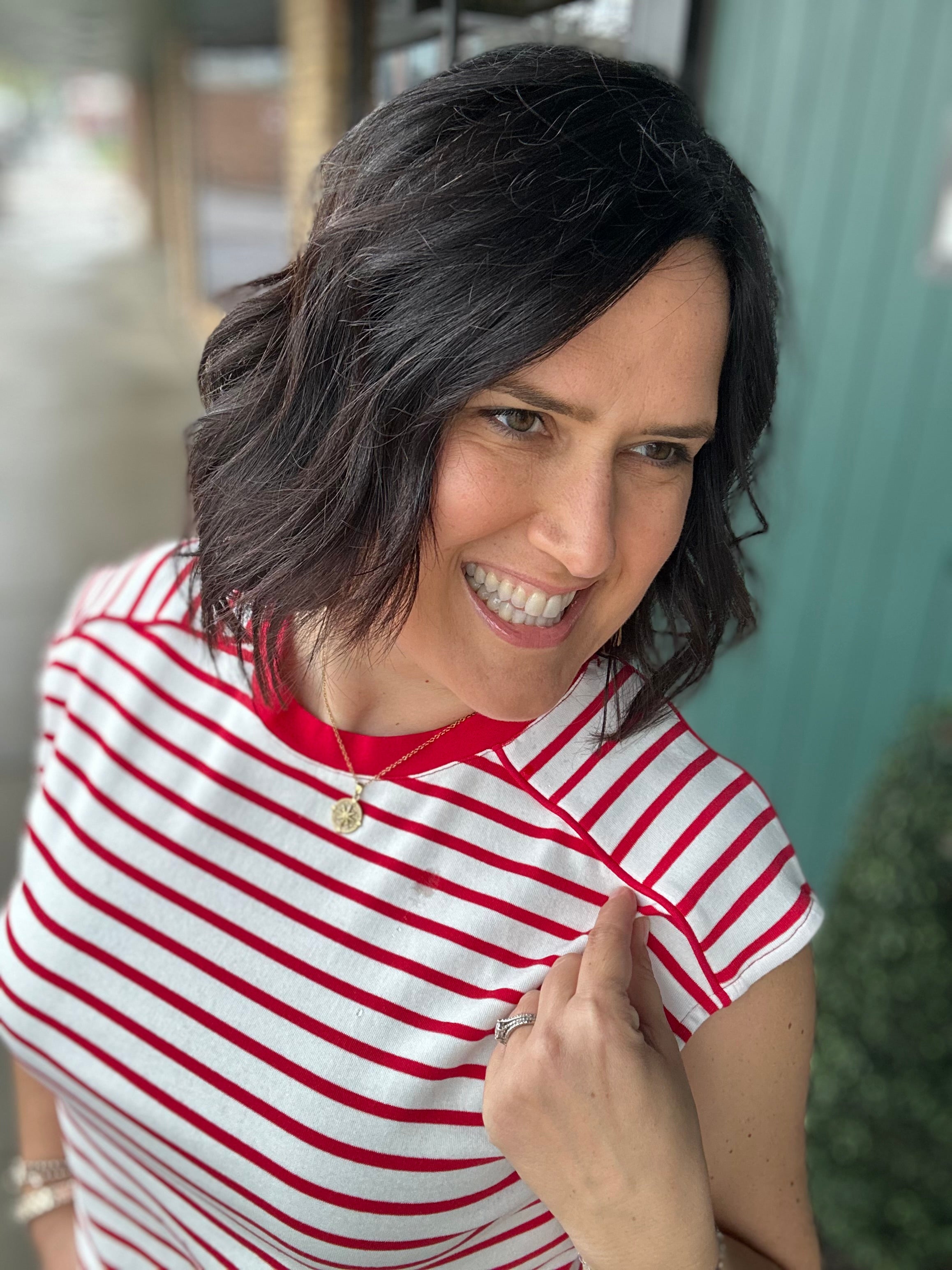 Red/White Striped Top Piping Detail Top - Tee STACCATO