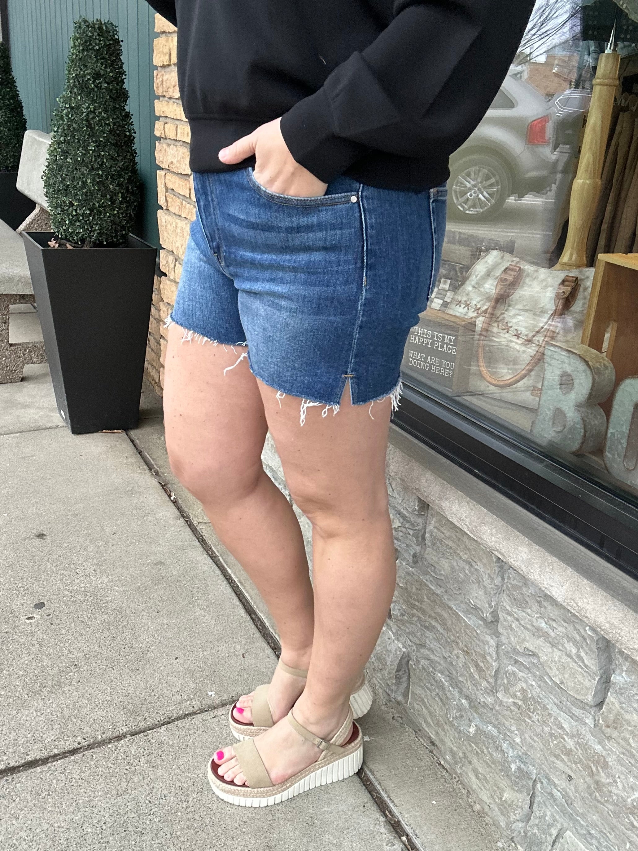 Dark Side Slit Denim Shorts Bottoms - Shorts RISEN
