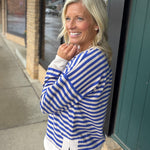 Blue Oatmeal Notch Neck LS Stripe Top Top - Sweatshirt STACCATO