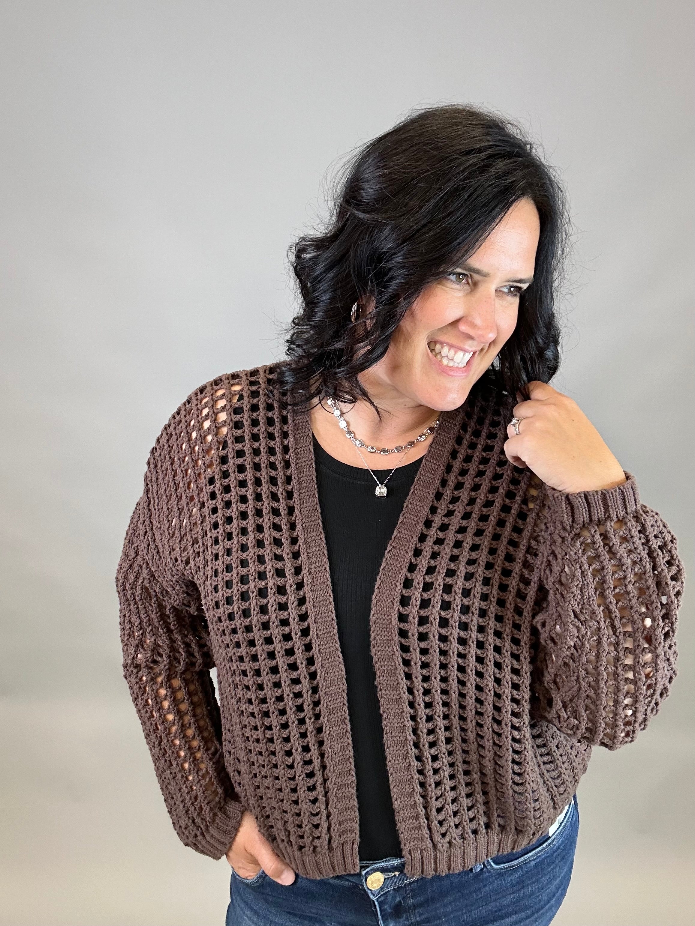 Espresso Crochet Cropped Open Cardigan