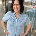 Light Denim Short Sleeve Tencel Denim Shirt Tops - Button Ups DOE & RAE
