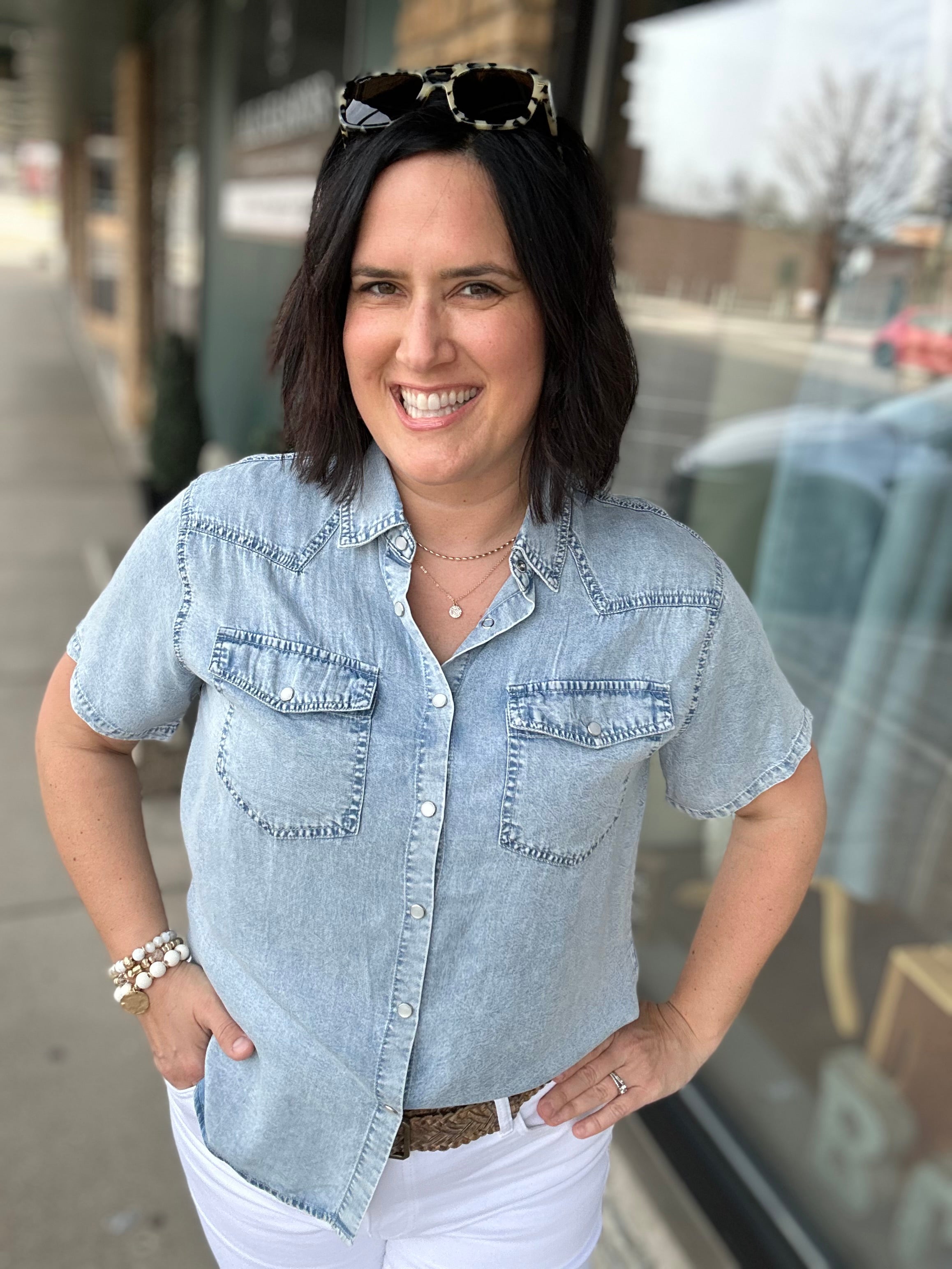 Light Denim Short Sleeve Tencel Denim Shirt Tops - Button Ups DOE & RAE