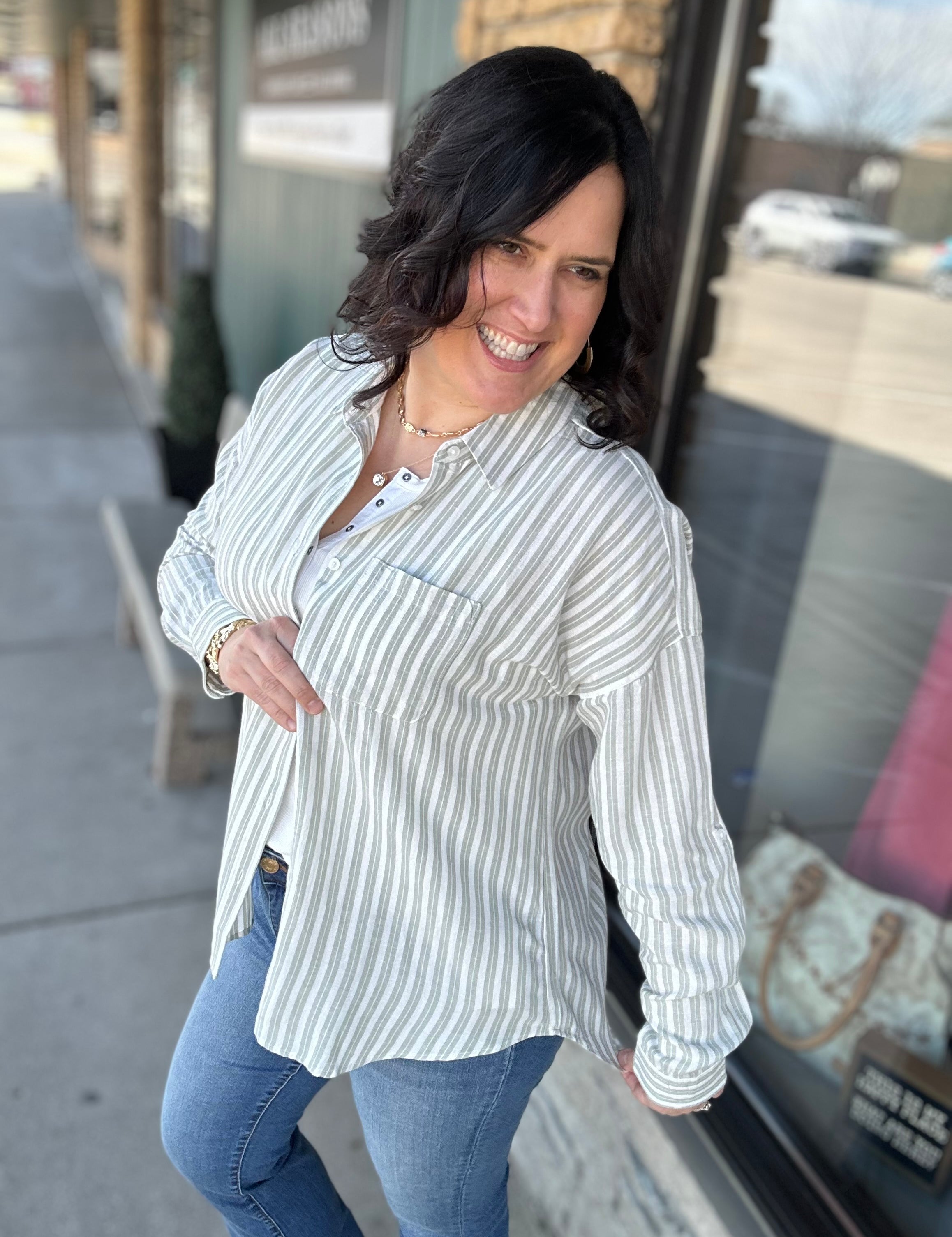 Vienna Linen Sage Stripe Top Tops - Button Ups FLAG AND ANTHEM
