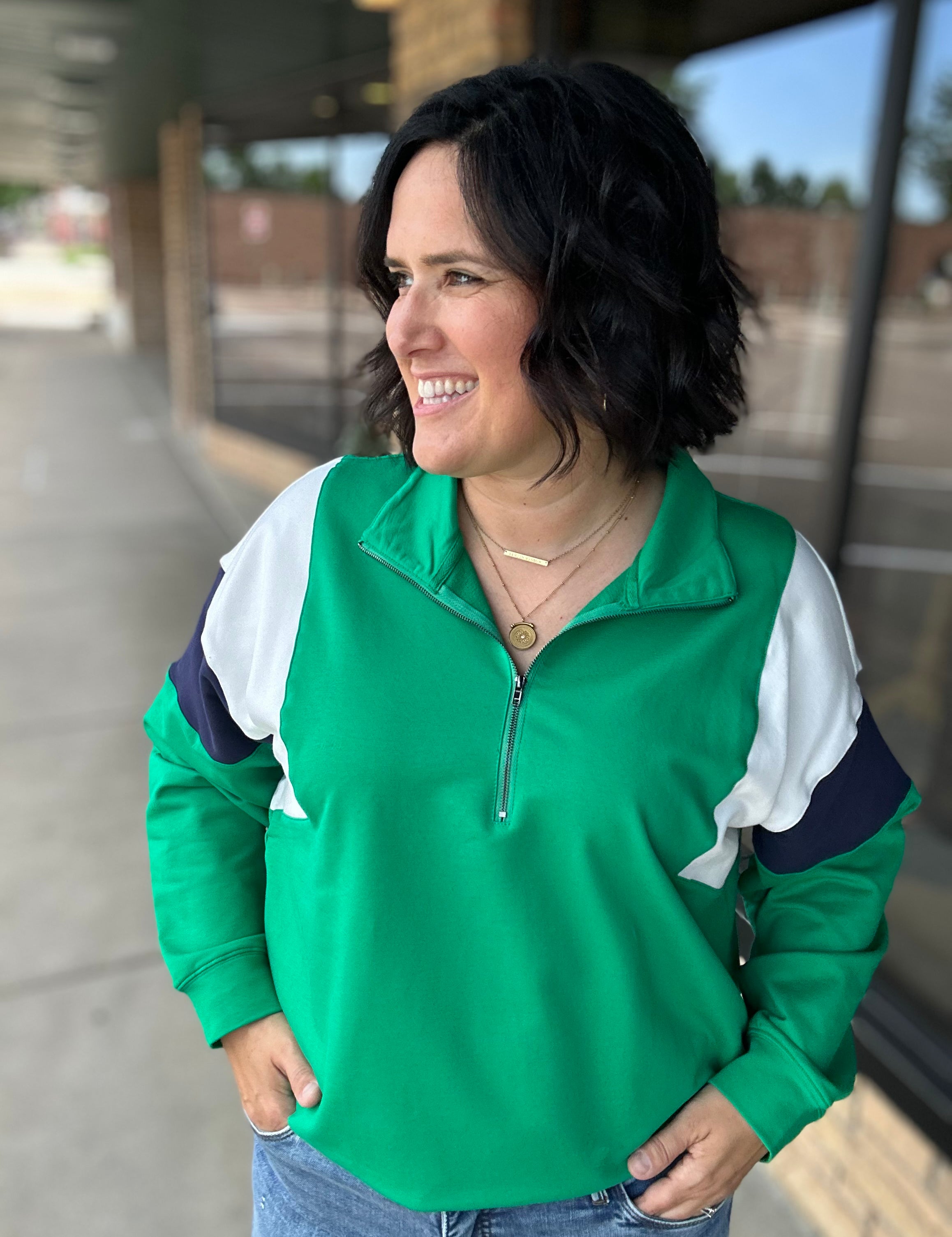 Green & Navy Combo Half Zip Oversized Sweatshirt Top - Sweatshirt WISHLIST
