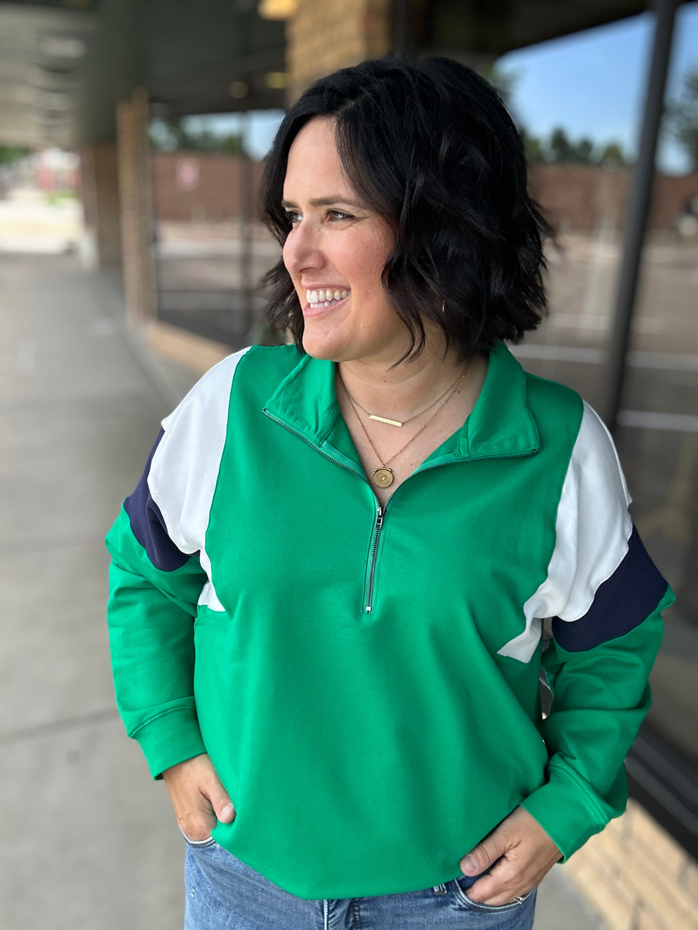 Green & Navy Combo Half Zip Oversized Sweatshirt Top - Sweatshirt WISHLIST