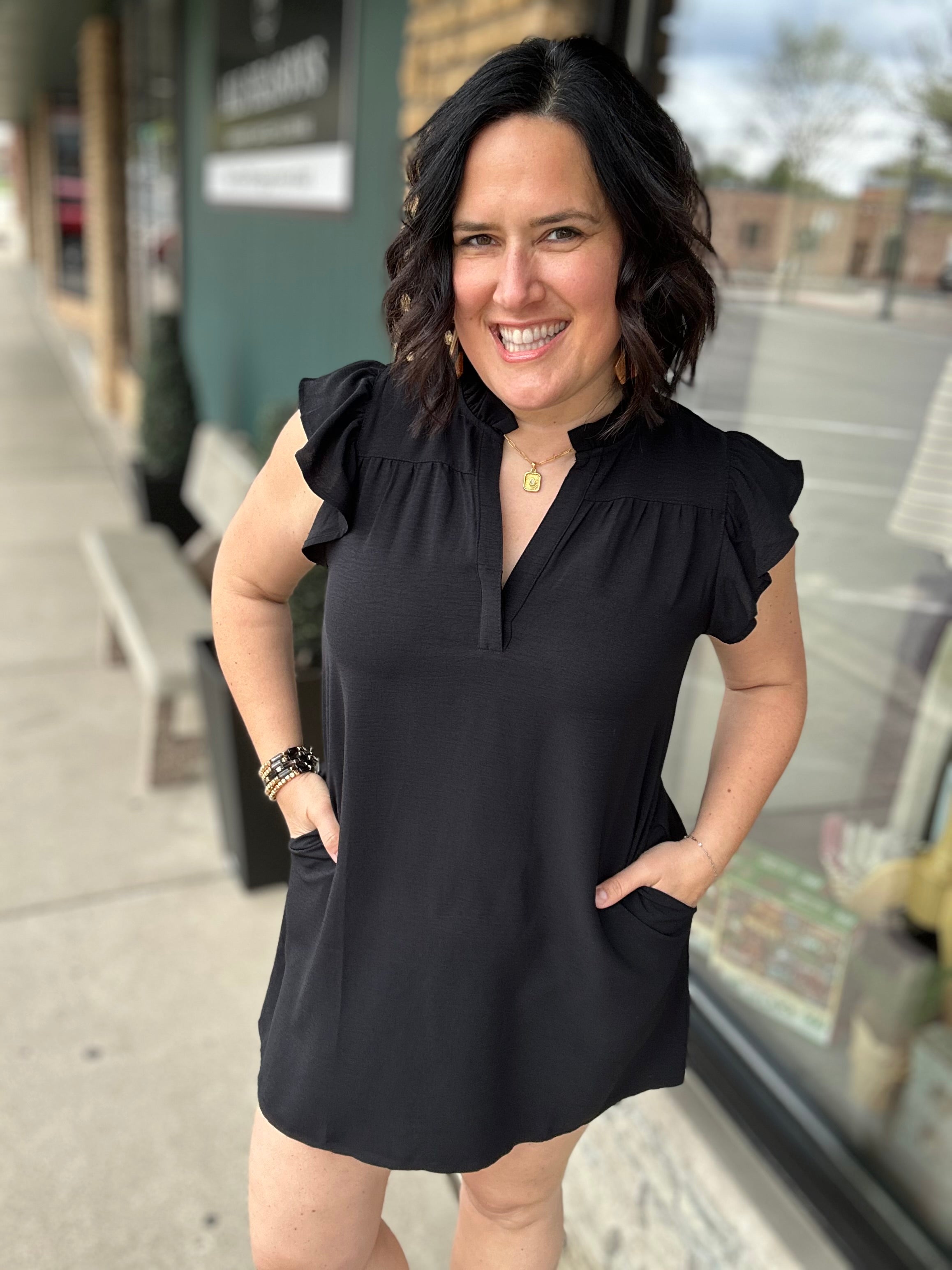 Black Frilled Split Neck Dress Dresses STACCATO