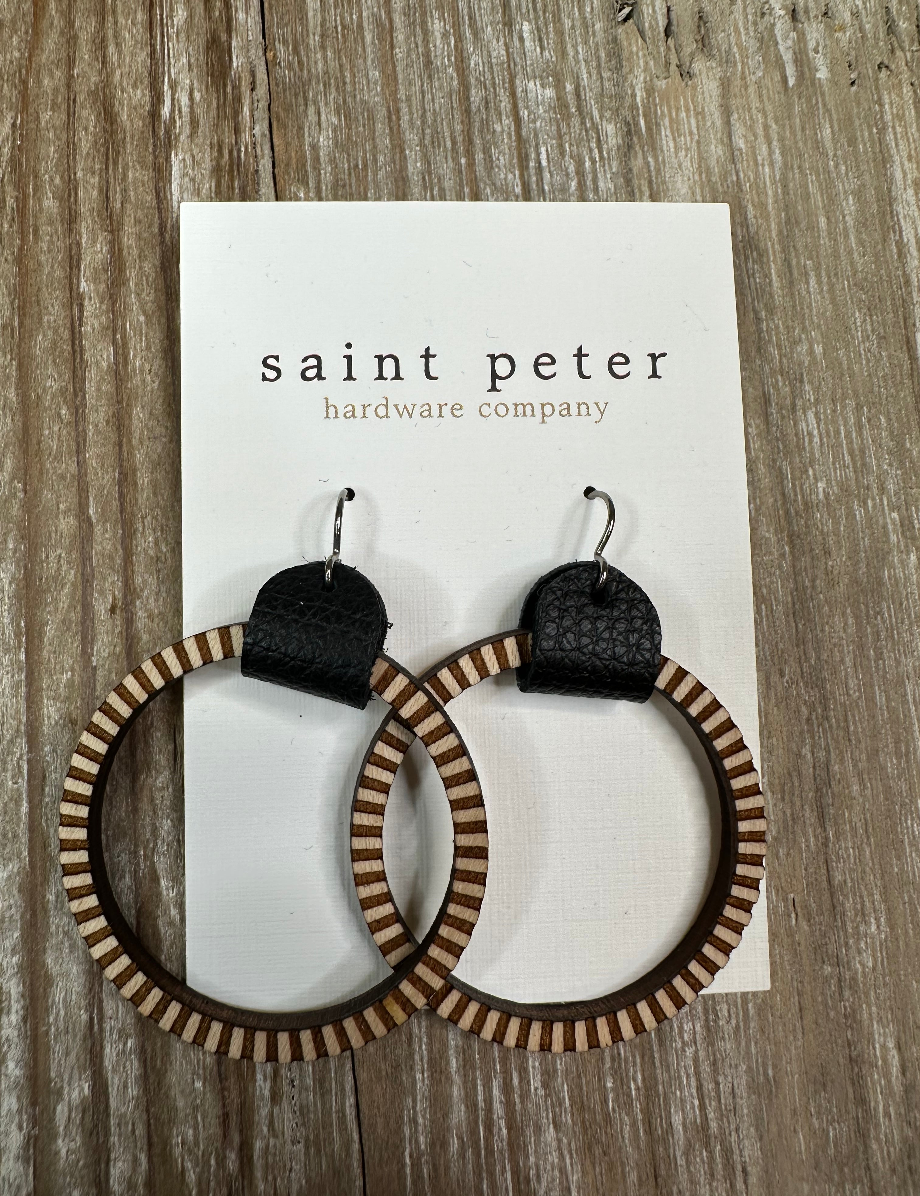 Textured Large Circle Earrings w/ Black Leather Jewelry - Earrings St. Peter Hardware