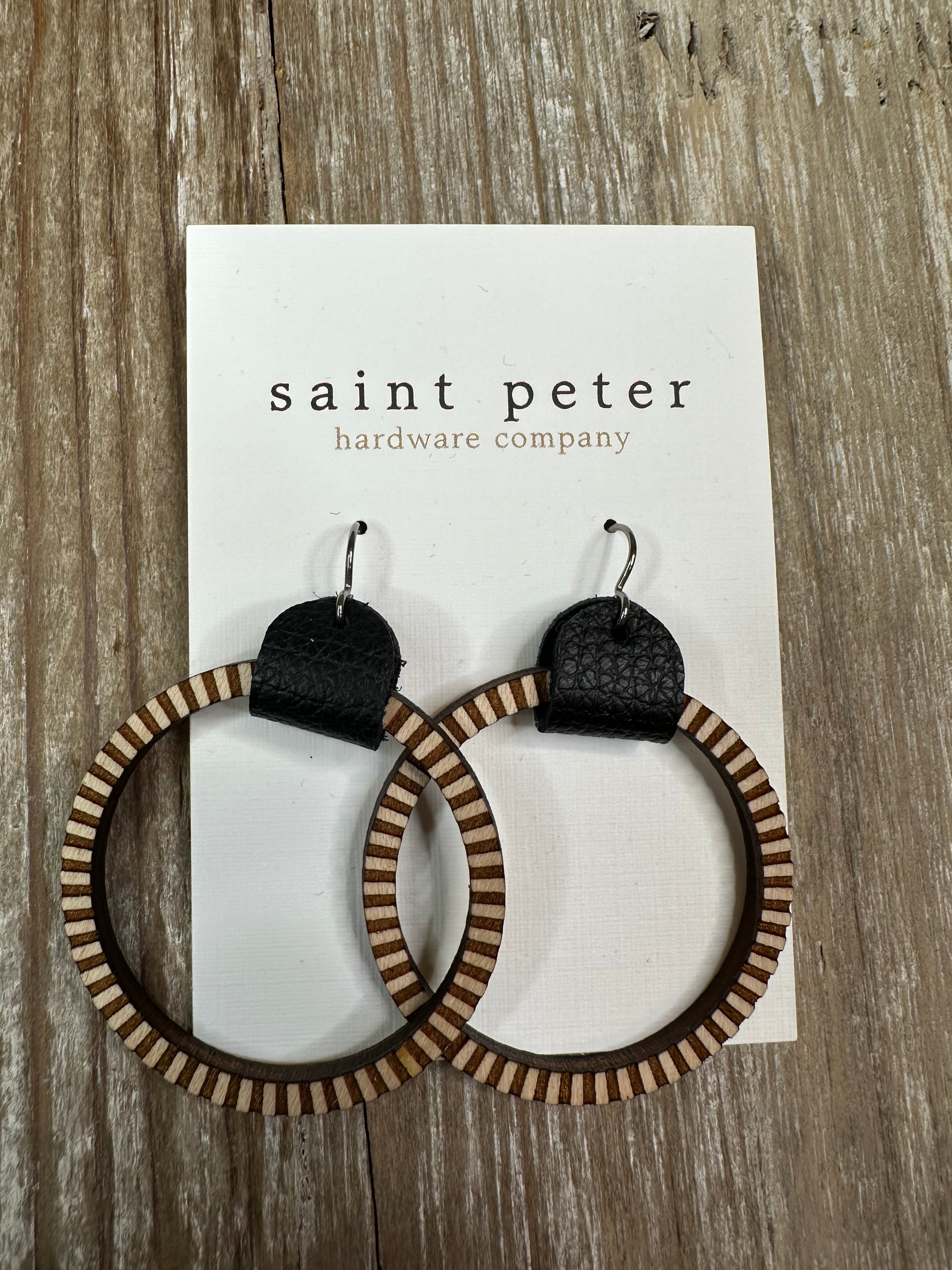 Textured Large Circle Earrings w/ Black Leather Jewelry - Earrings St. Peter Hardware