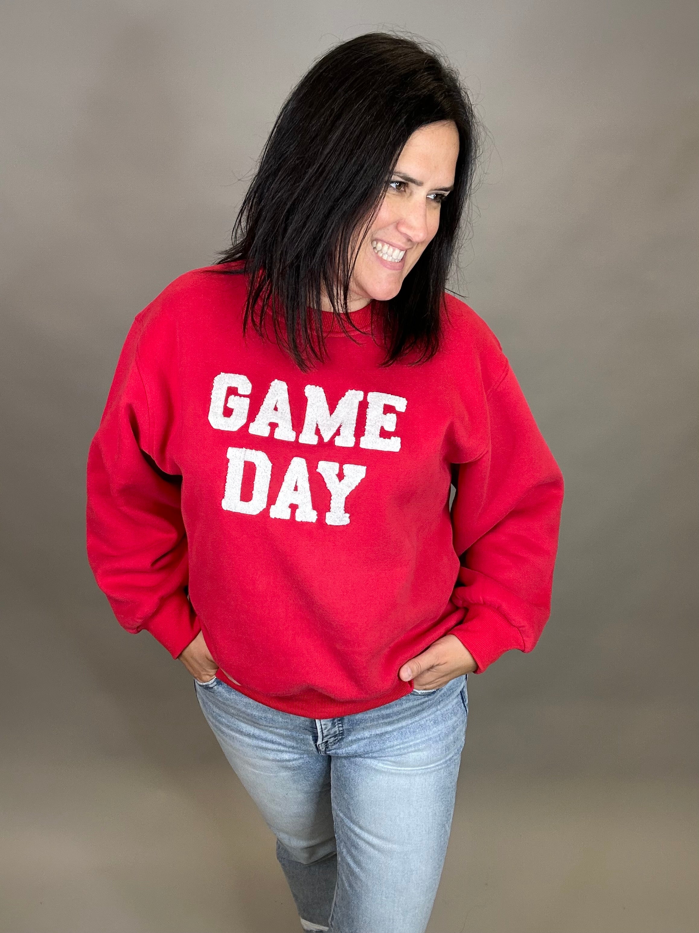 Red Game Day Sweatshirt Top- Sweatshirts PANACHE