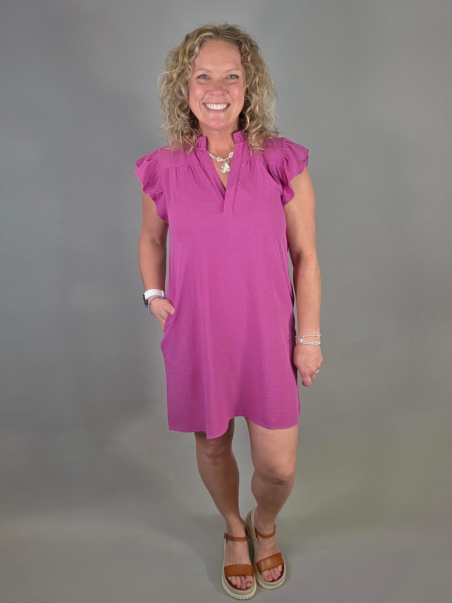 Magenta Frilled Split Neck Dress Dresses STACCATO