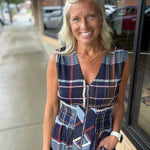 Navy Sleeveless Plaid Midi Dress THML