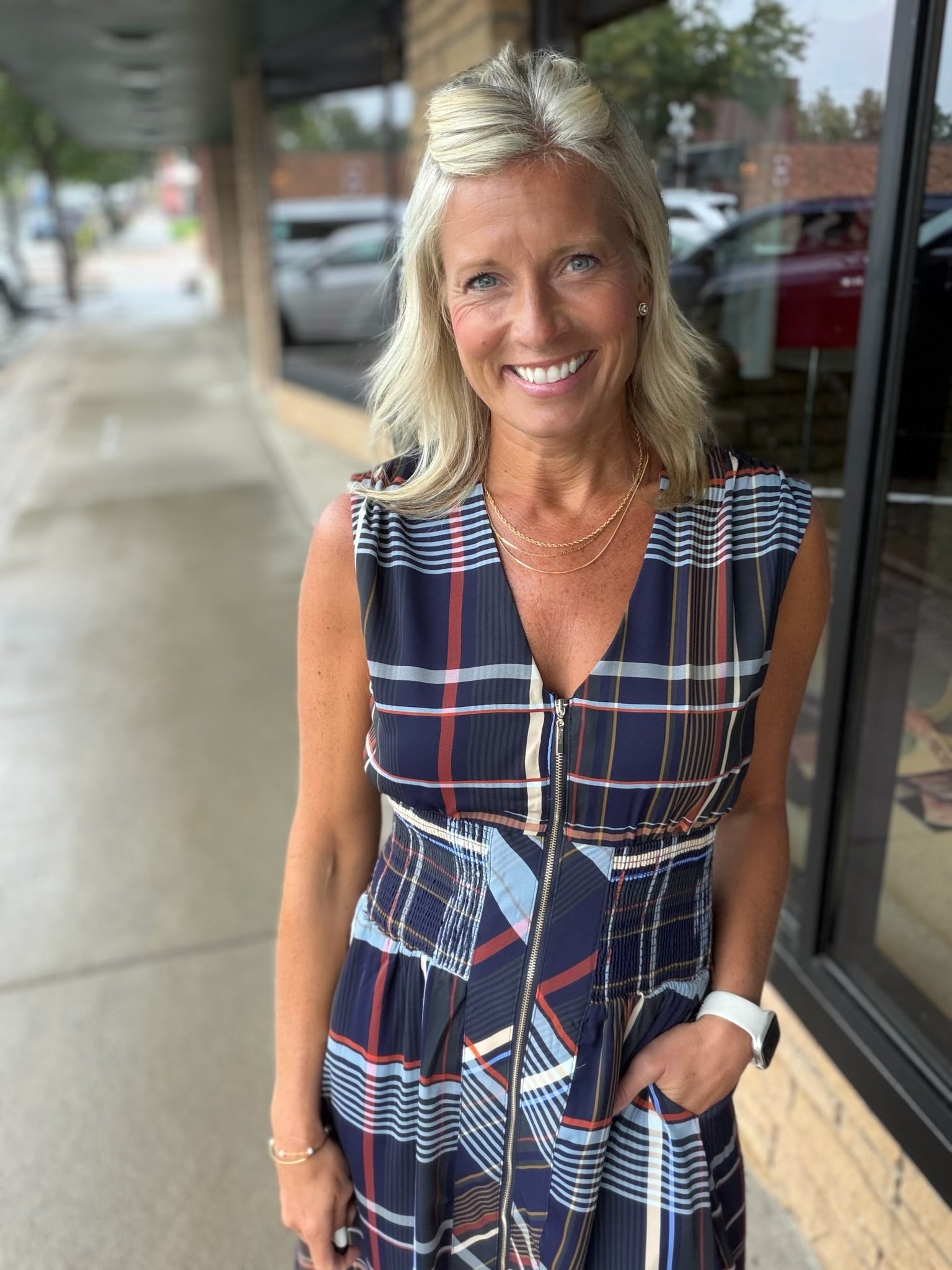 Navy Sleeveless Plaid Midi Dress THML