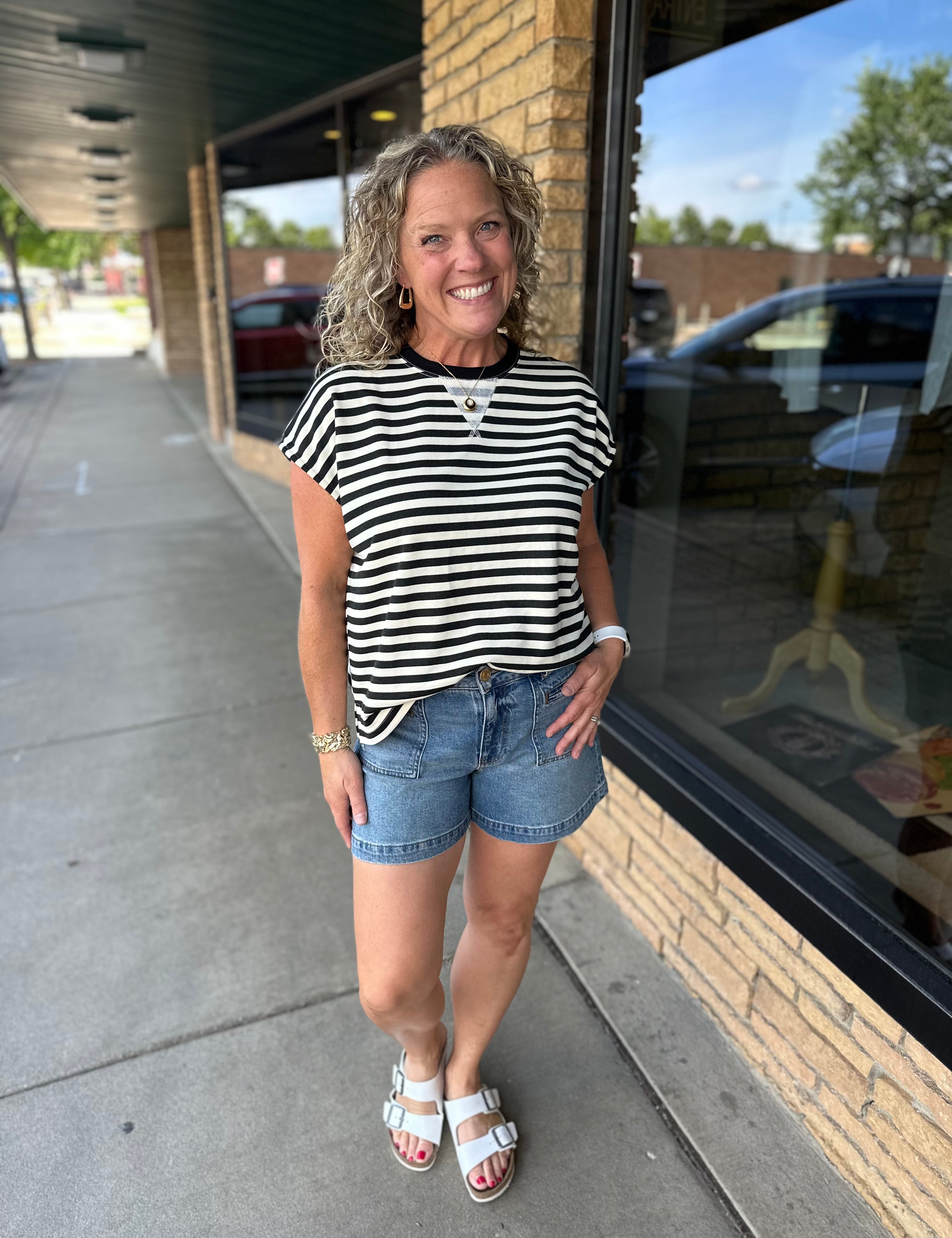 Black & Cream Stripe Crew Neck Top Top - Tee WISHLIST