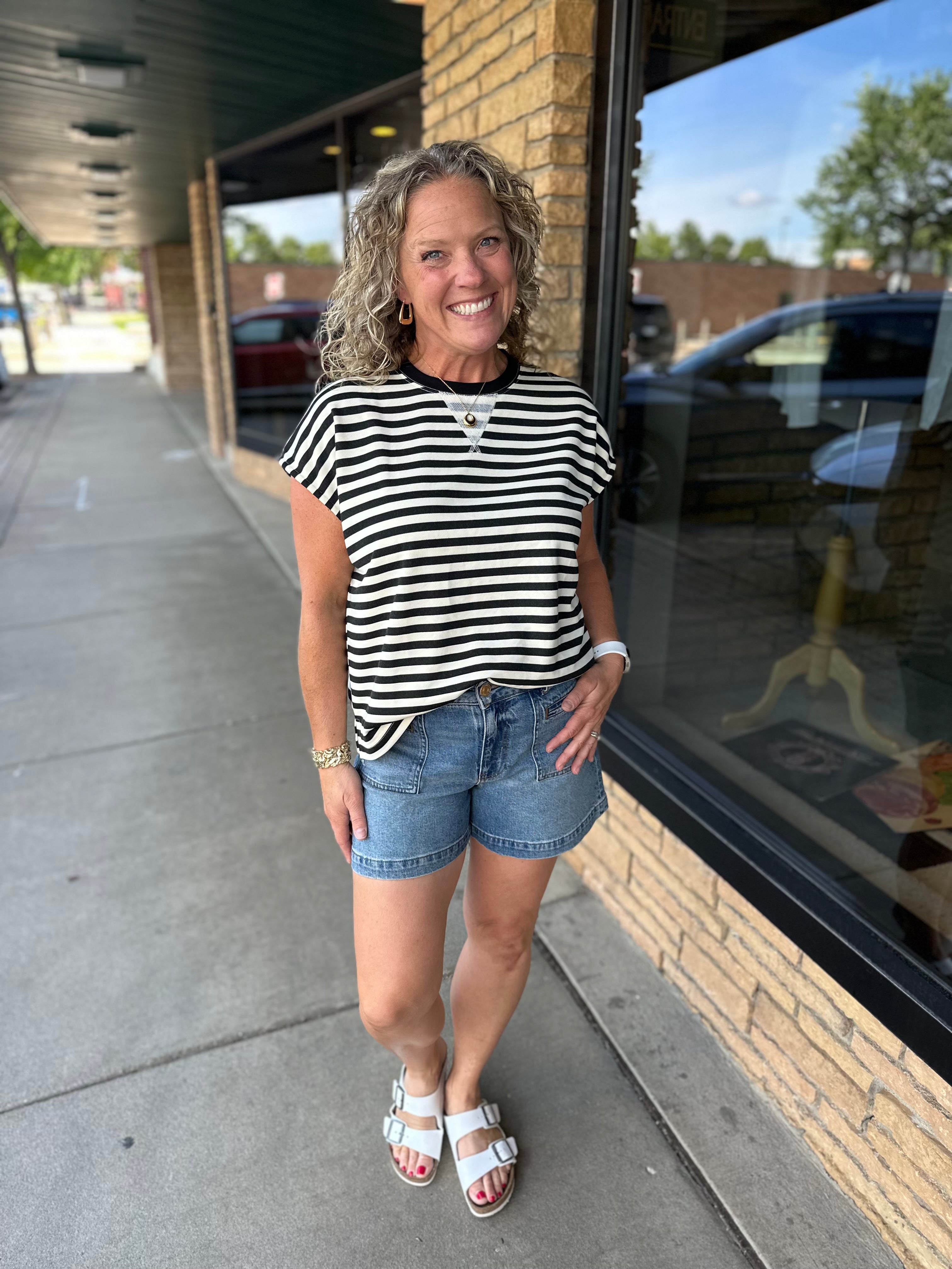 Black & Cream Stripe Crew Neck Top Top - Tee WISHLIST