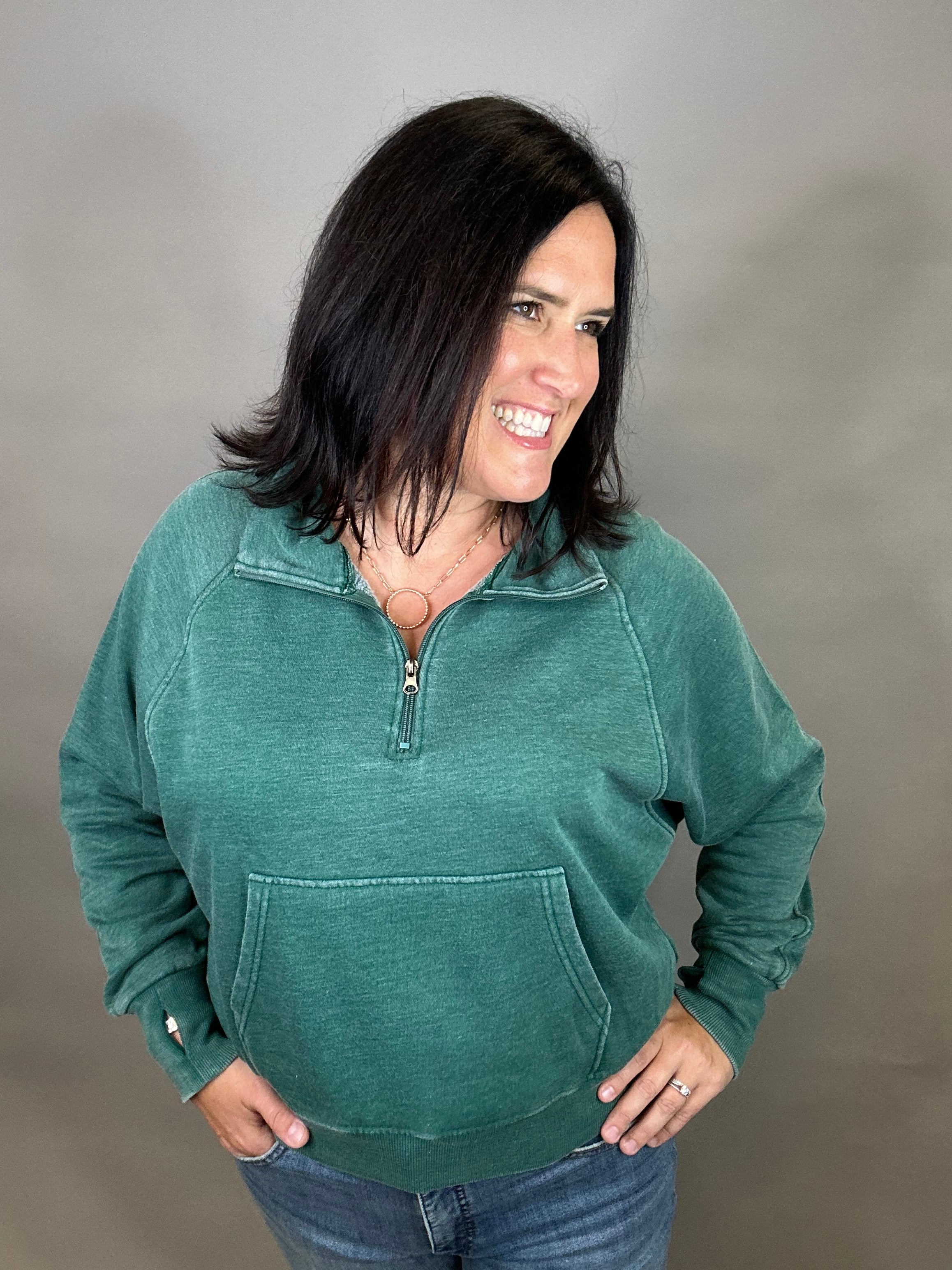 Green Quarter Zip Sweatshirt Top - Sweatshirt PANACHE