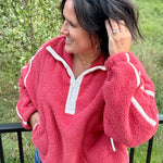 Washed Cherry Sherpa Quarter Zip Pullover Top - Sweatshirt MIOU MUSE
