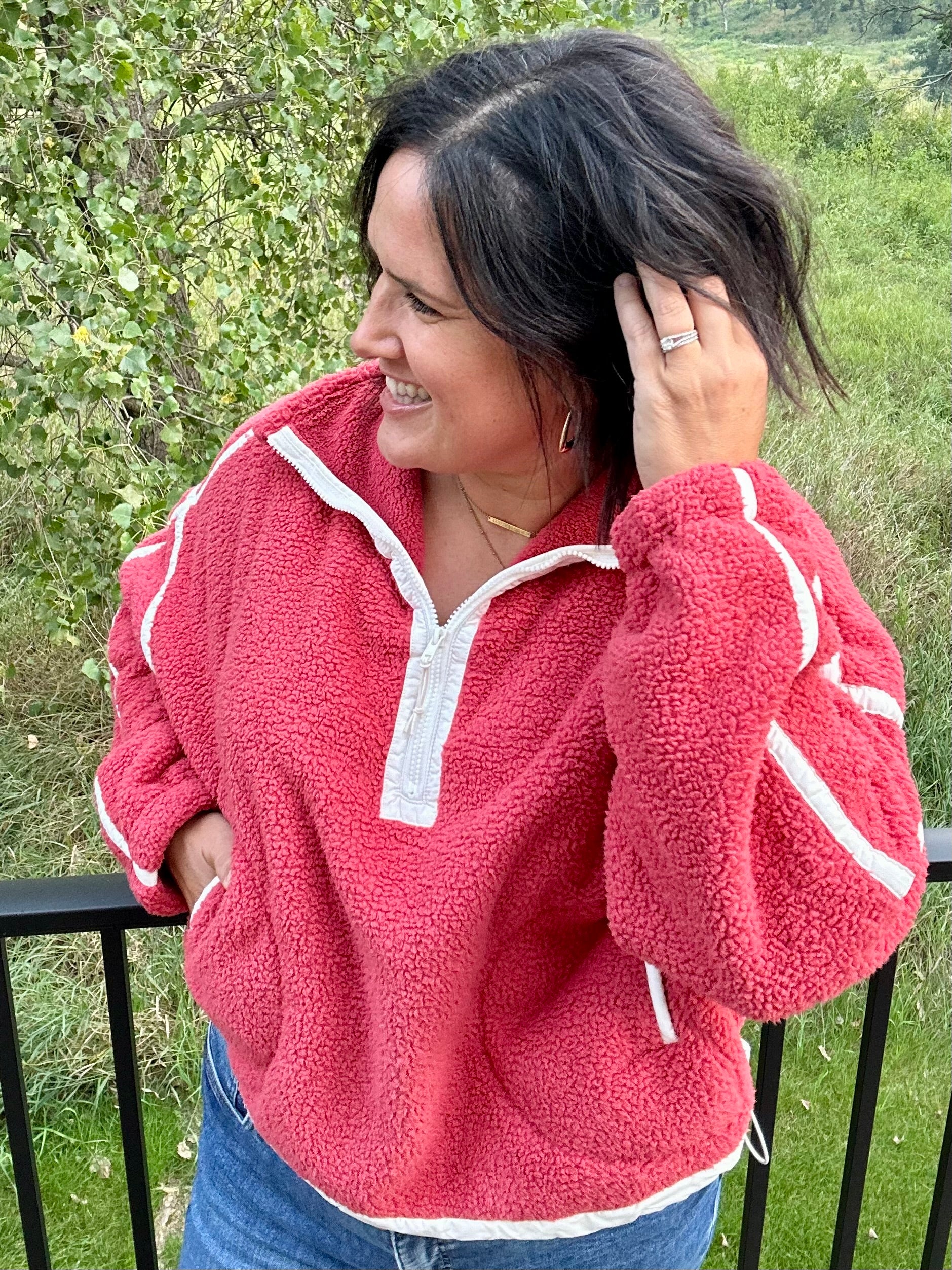 Washed Cherry Sherpa Quarter Zip Pullover Top - Sweatshirt MIOU MUSE