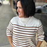 Cream Brown Stripe Mock Neck Sweater