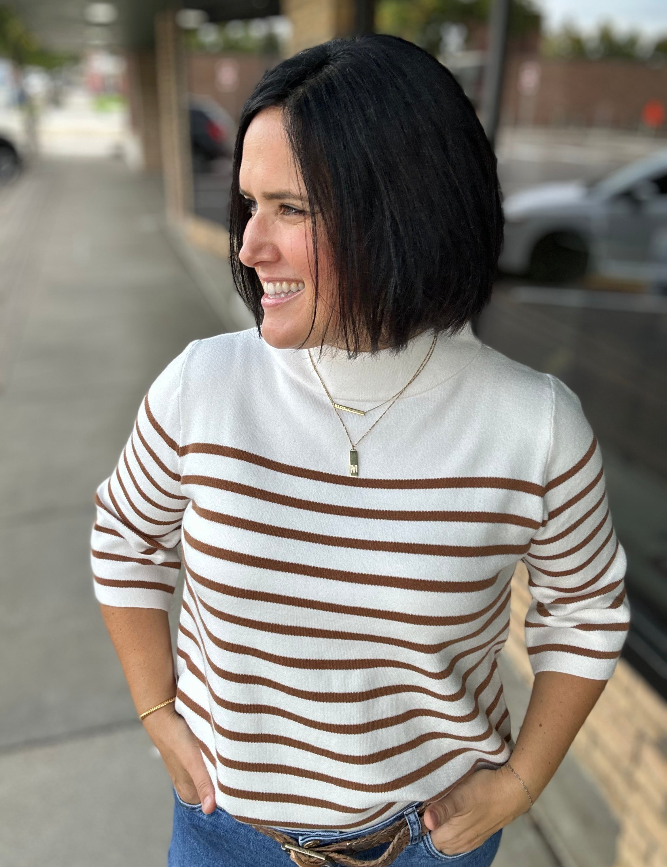 Cream Brown Stripe Mock Neck Sweater Top - Sweater FATE by LFD