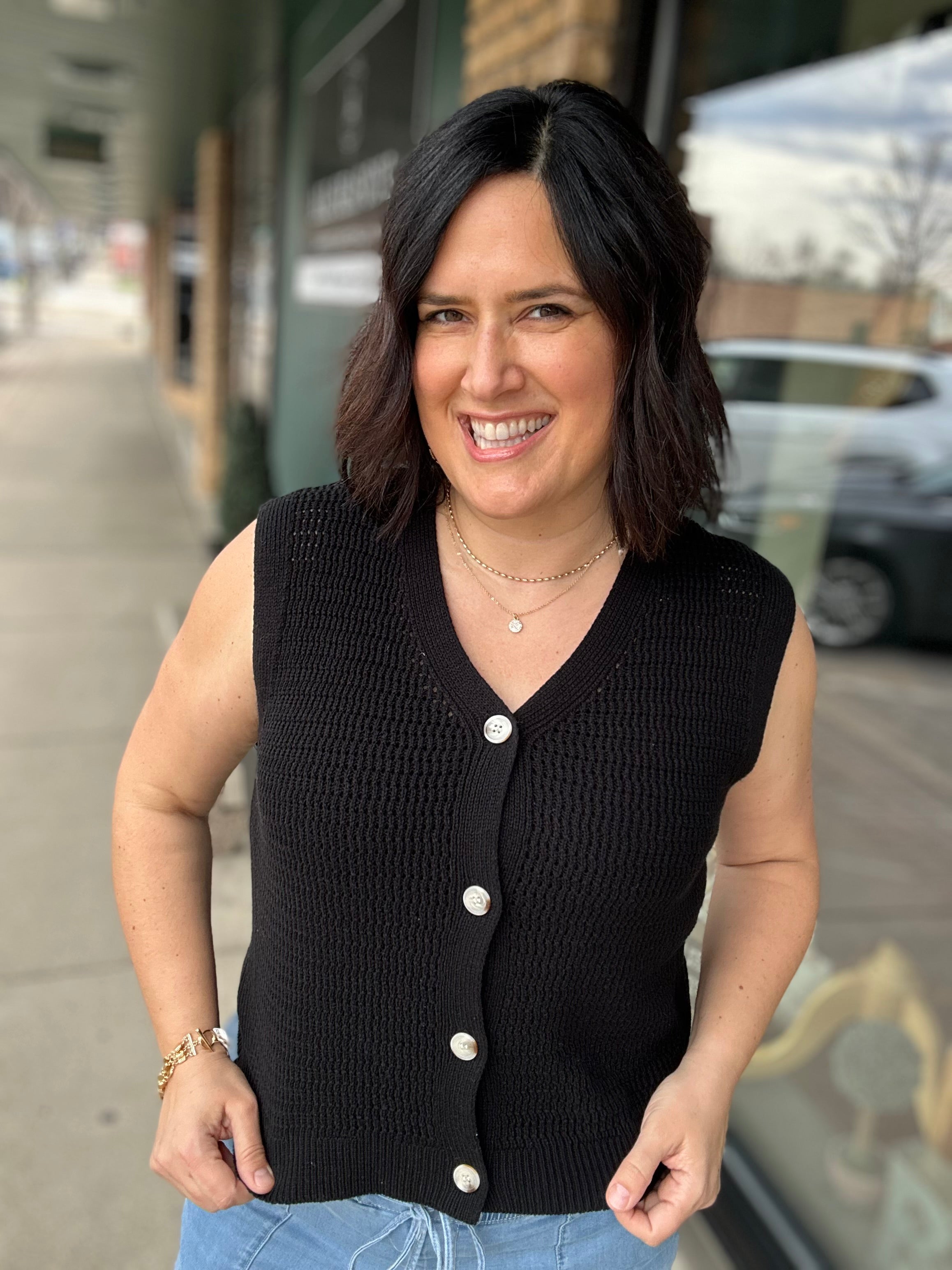 Black Crochet Button Up Sleeveless Vest Top - Sweater STACCATO