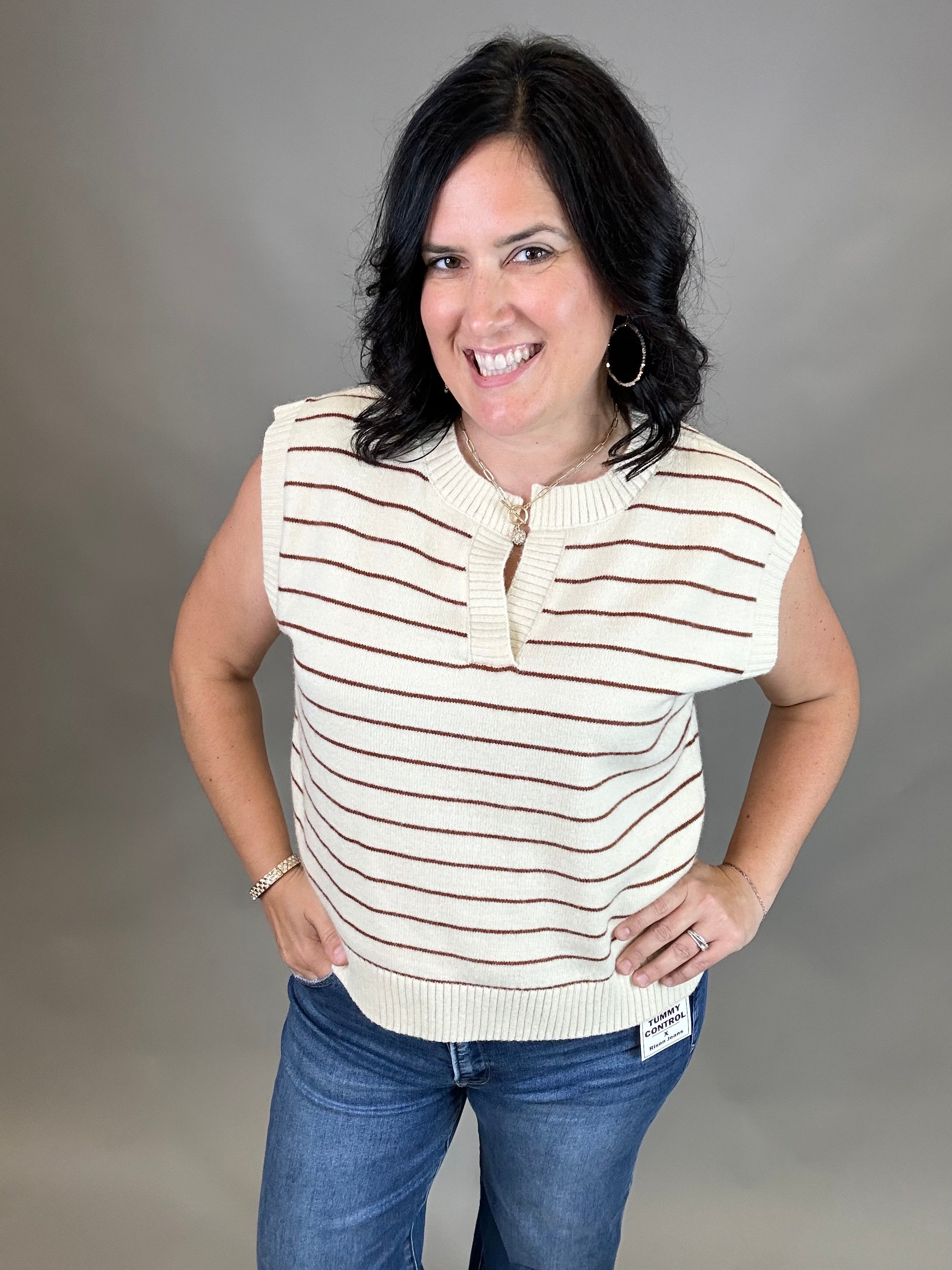 Cream/Rust Stripe Sweater Vest Top - Sweater WISHLIST