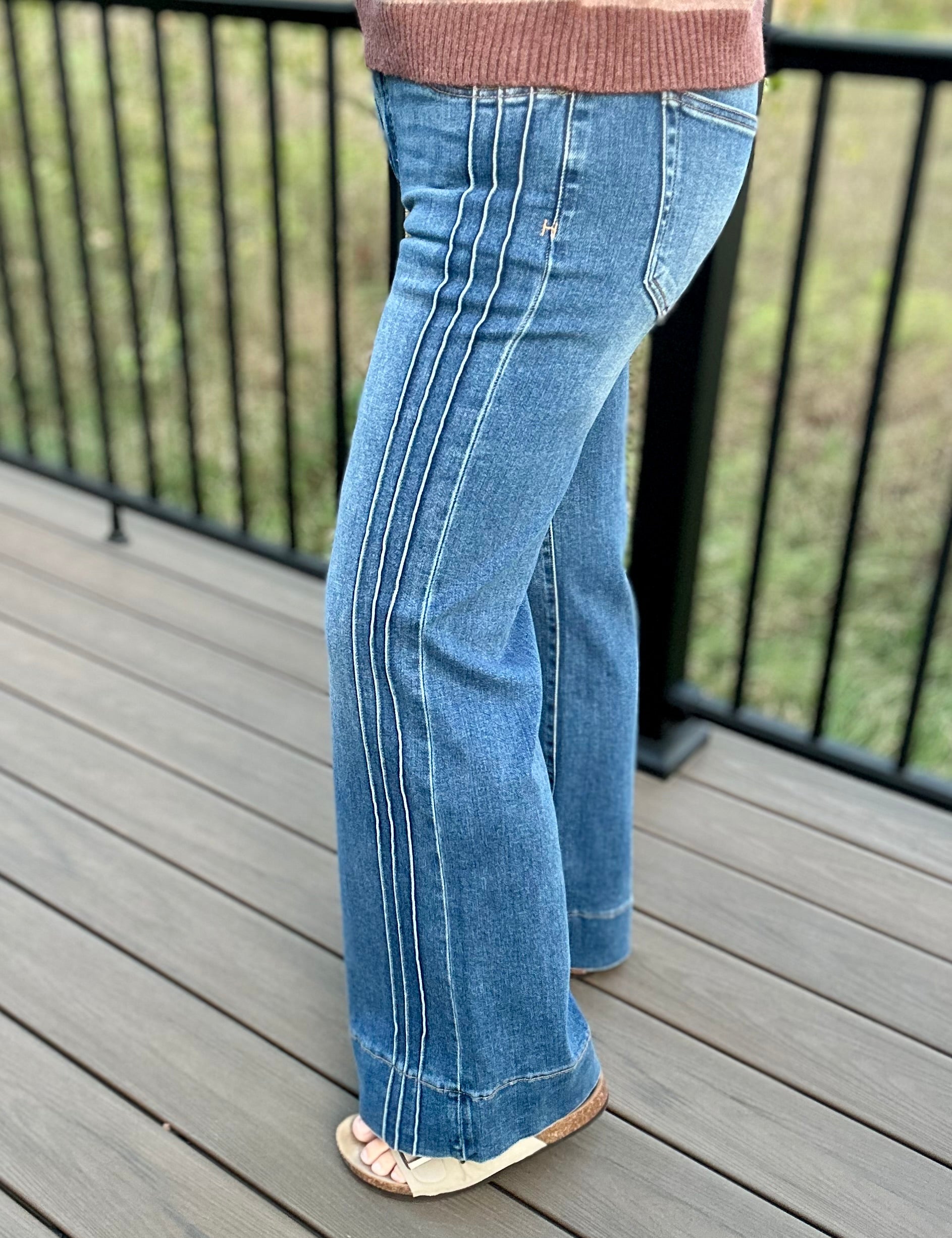 Medium Dark Mid Rise Flare Pintuck Jean - HIDDEN Bottom- Pants Hidden