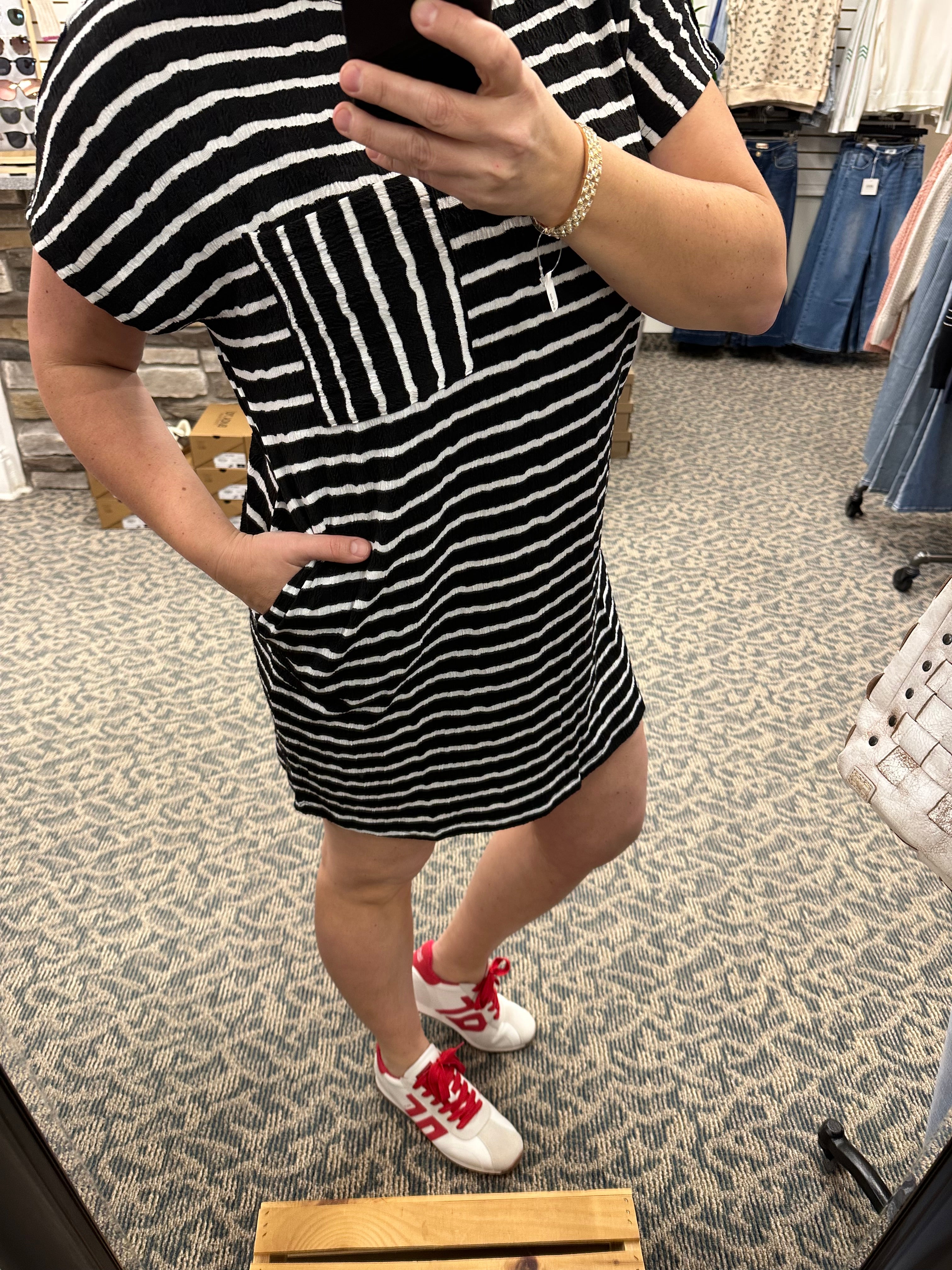 Black Striped Short Sleeve Mini Dress Dresses EE:SOME