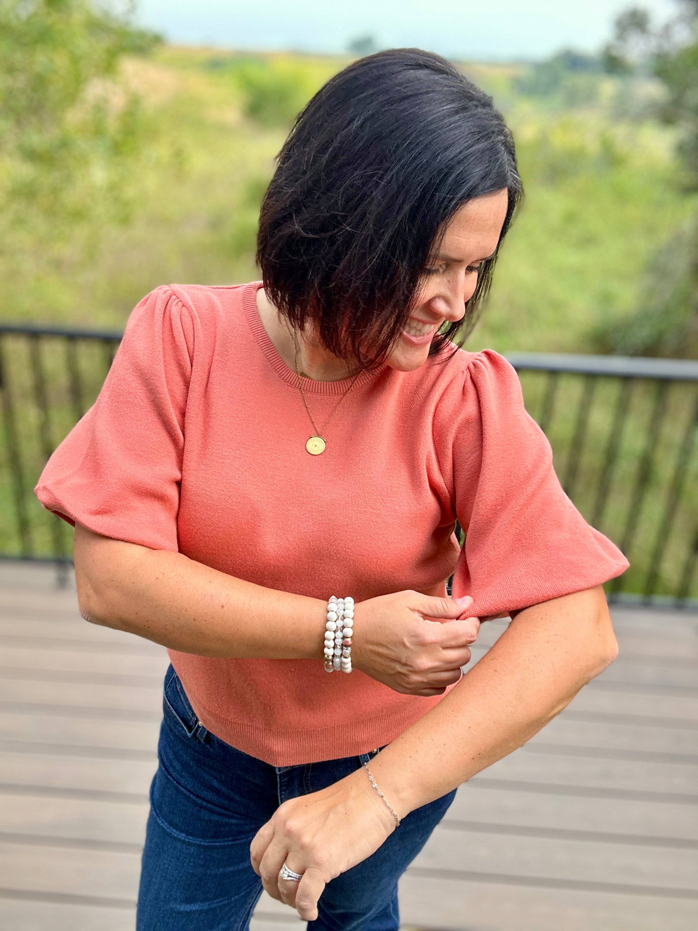 Sunset Orange Bubble Sleeve Knit Top Top - Sweater VOY