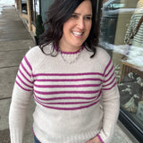 Magenta Crew Neck Striped Sweater
