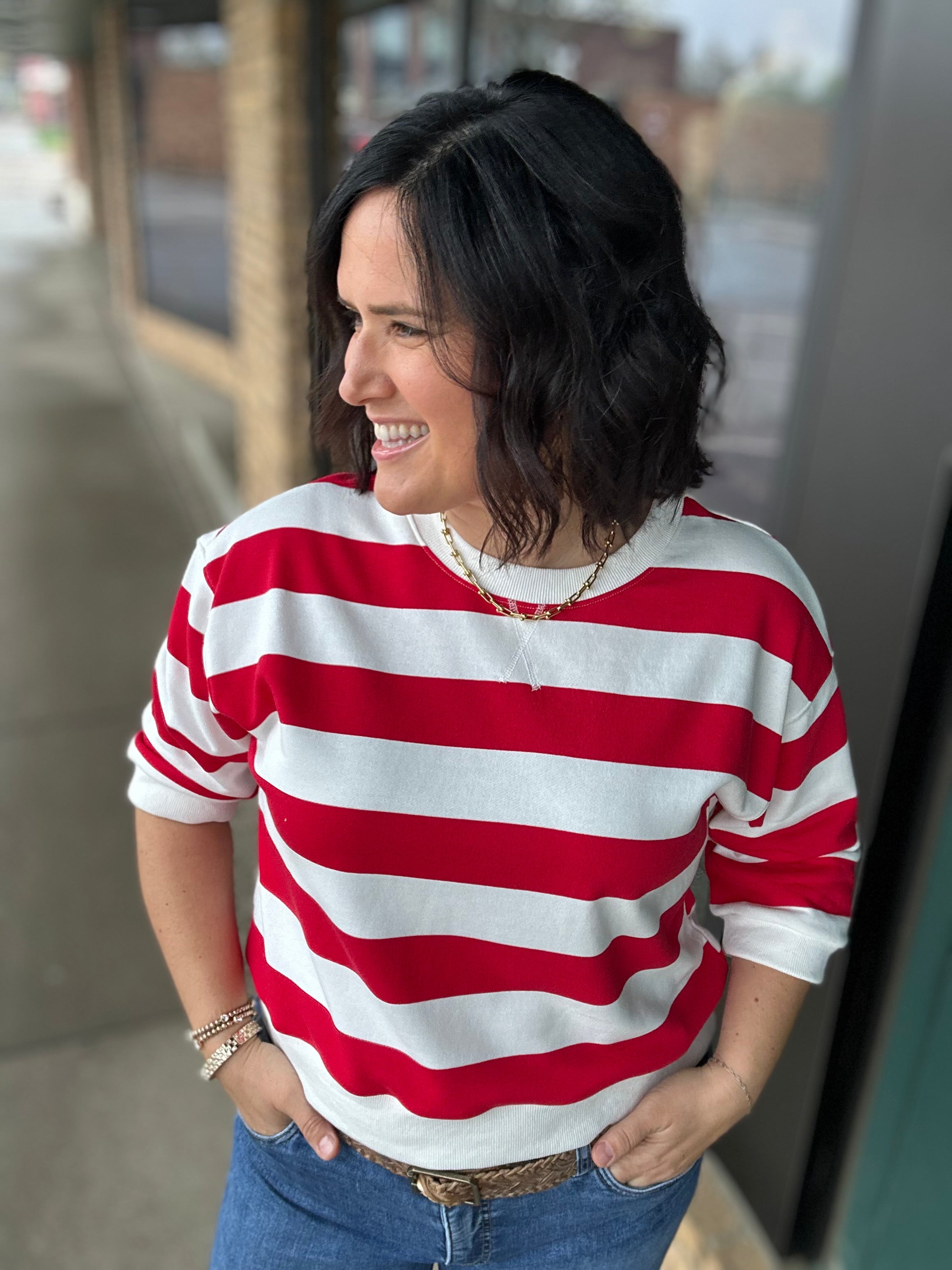 Red/White Striped Sweatshirt Top - Sweatshirt JODIFL