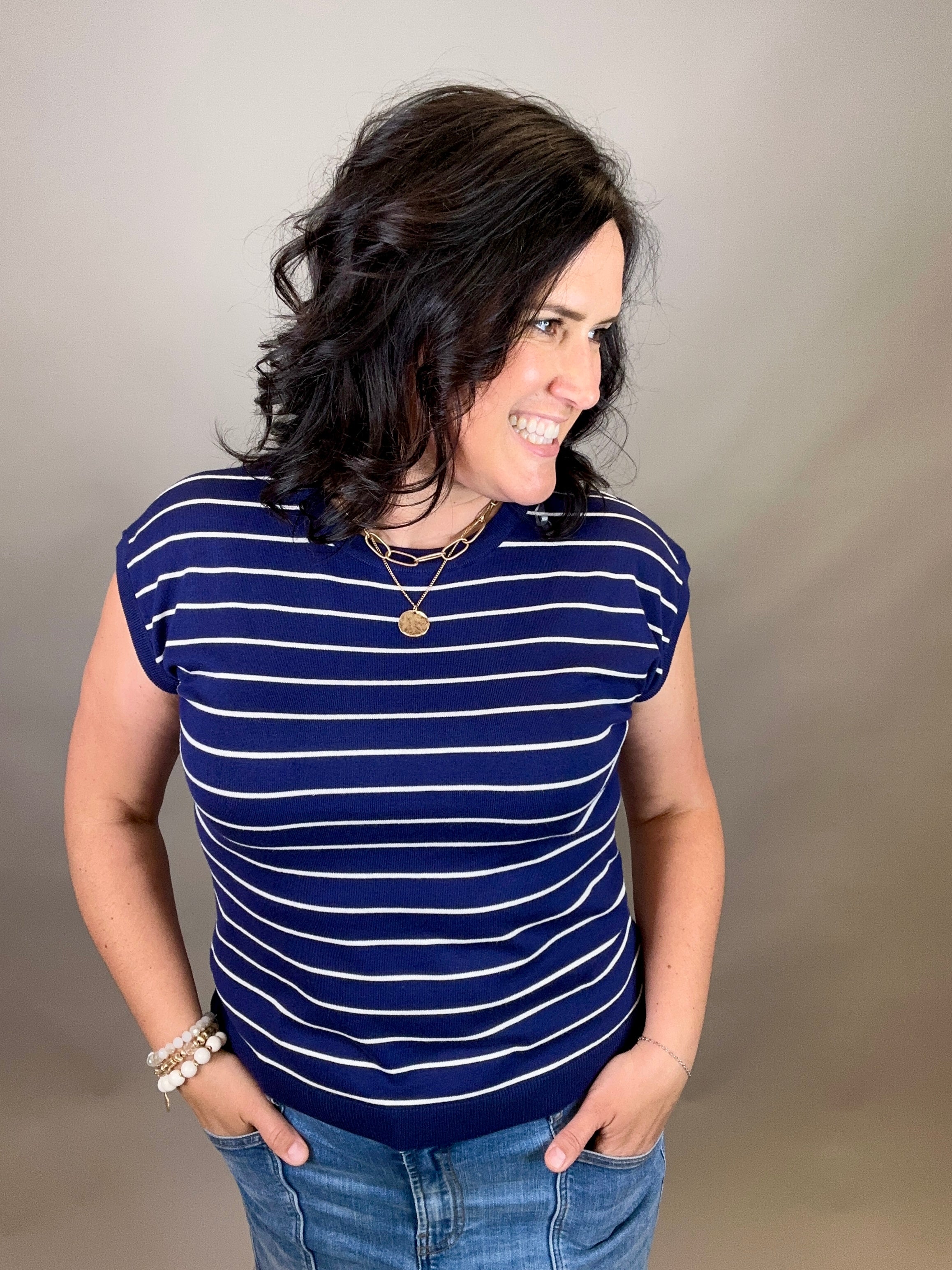 Navy Striped Short Sleeve Sweater Top - Sweater STACCATO