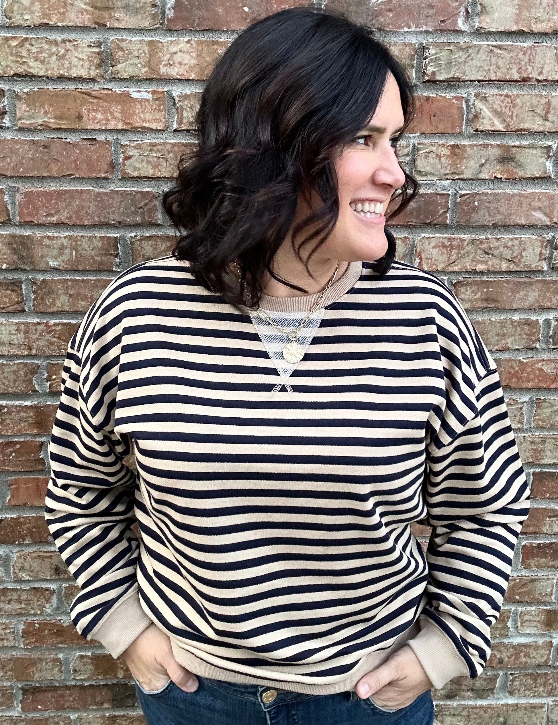 Brown/Navy Striped Pullover Top- Sweatshirt MIOU MUSE