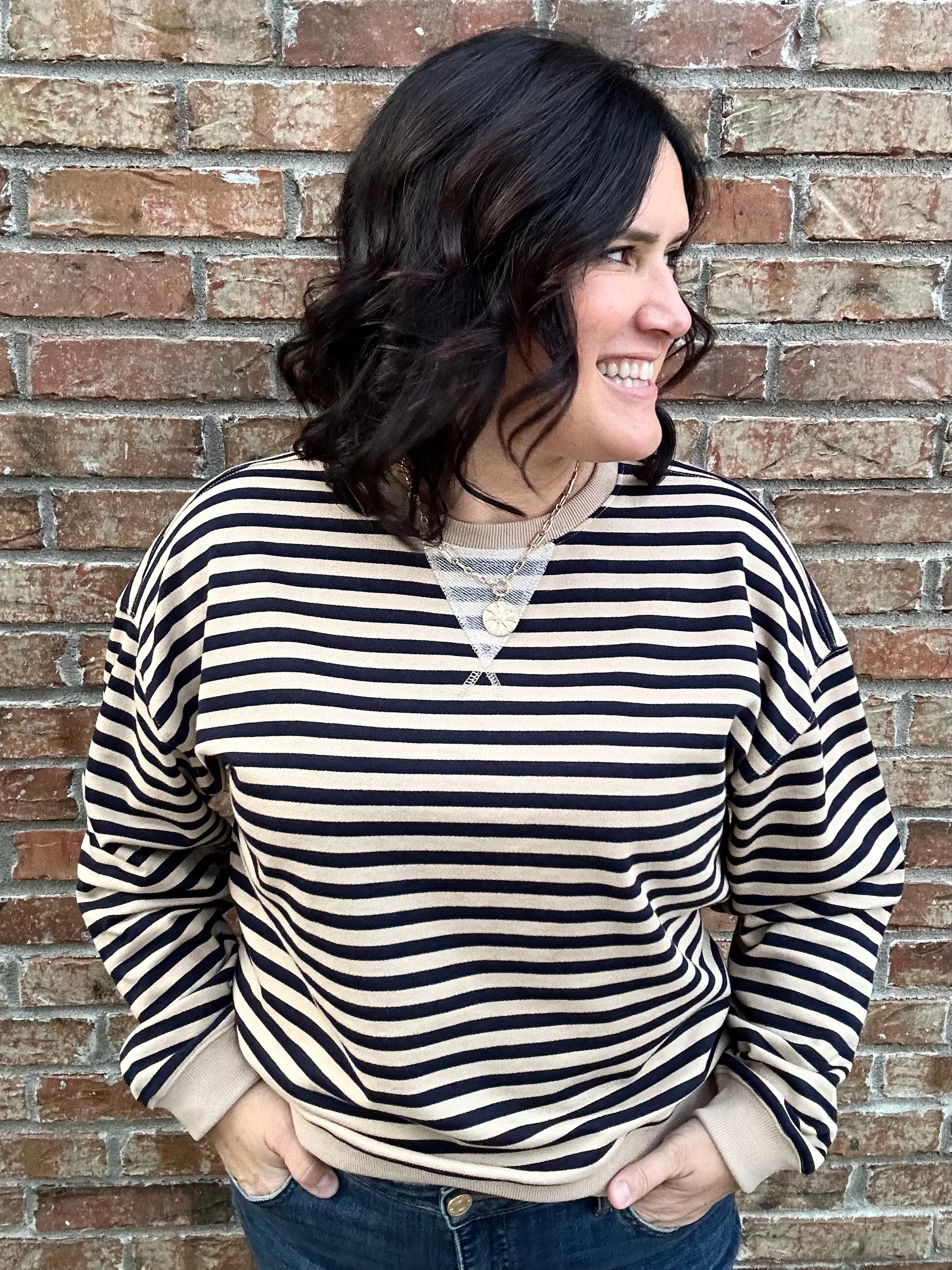 Brown/Navy Striped Pullover Top- Sweatshirt MIOU MUSE