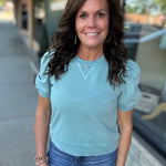 Teal Bubble Sleeve Crew Neck Top Tops- Sweatshirt FATE by LFD