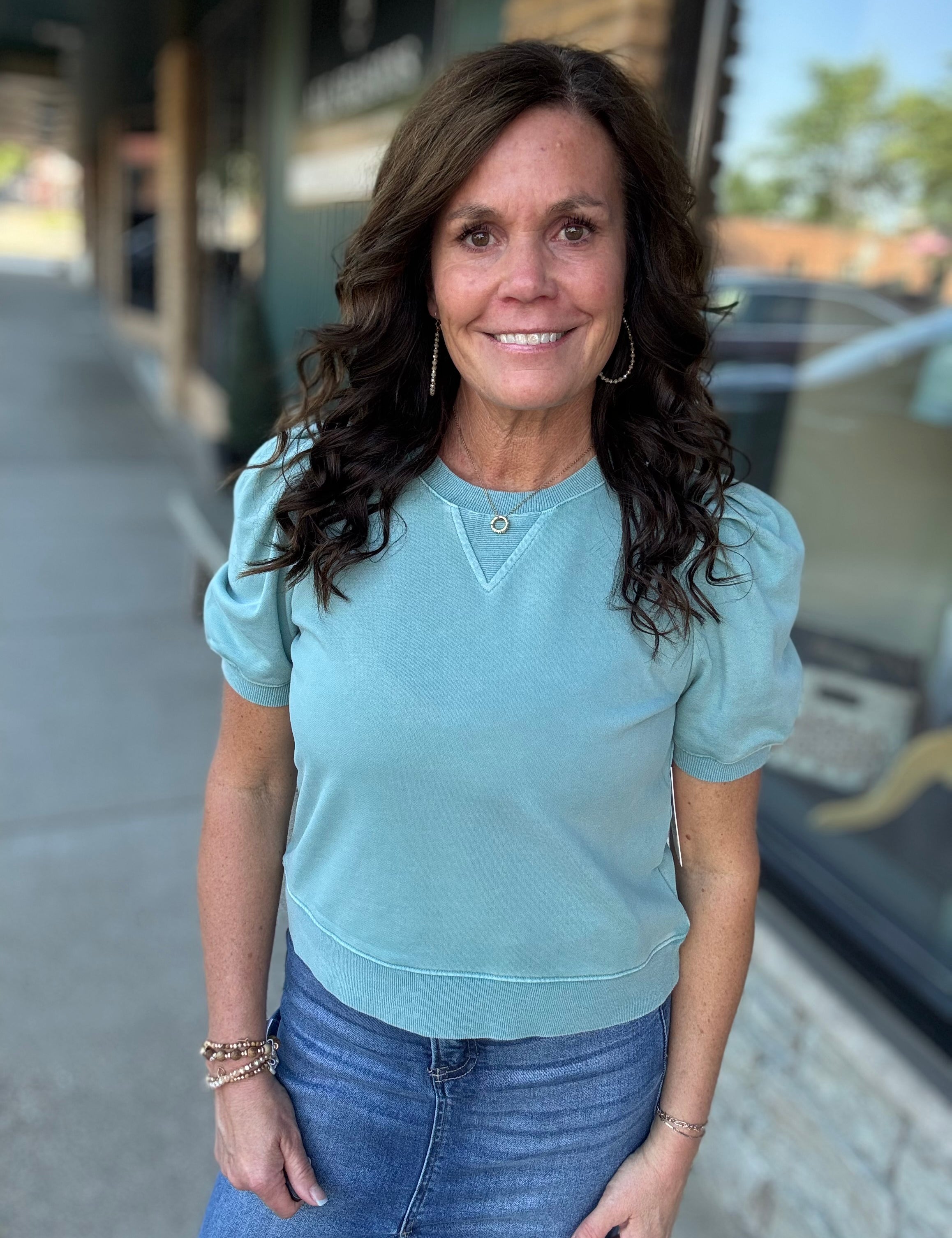 Teal Bubble Sleeve Crew Neck Top Tops- Sweatshirt FATE by LFD