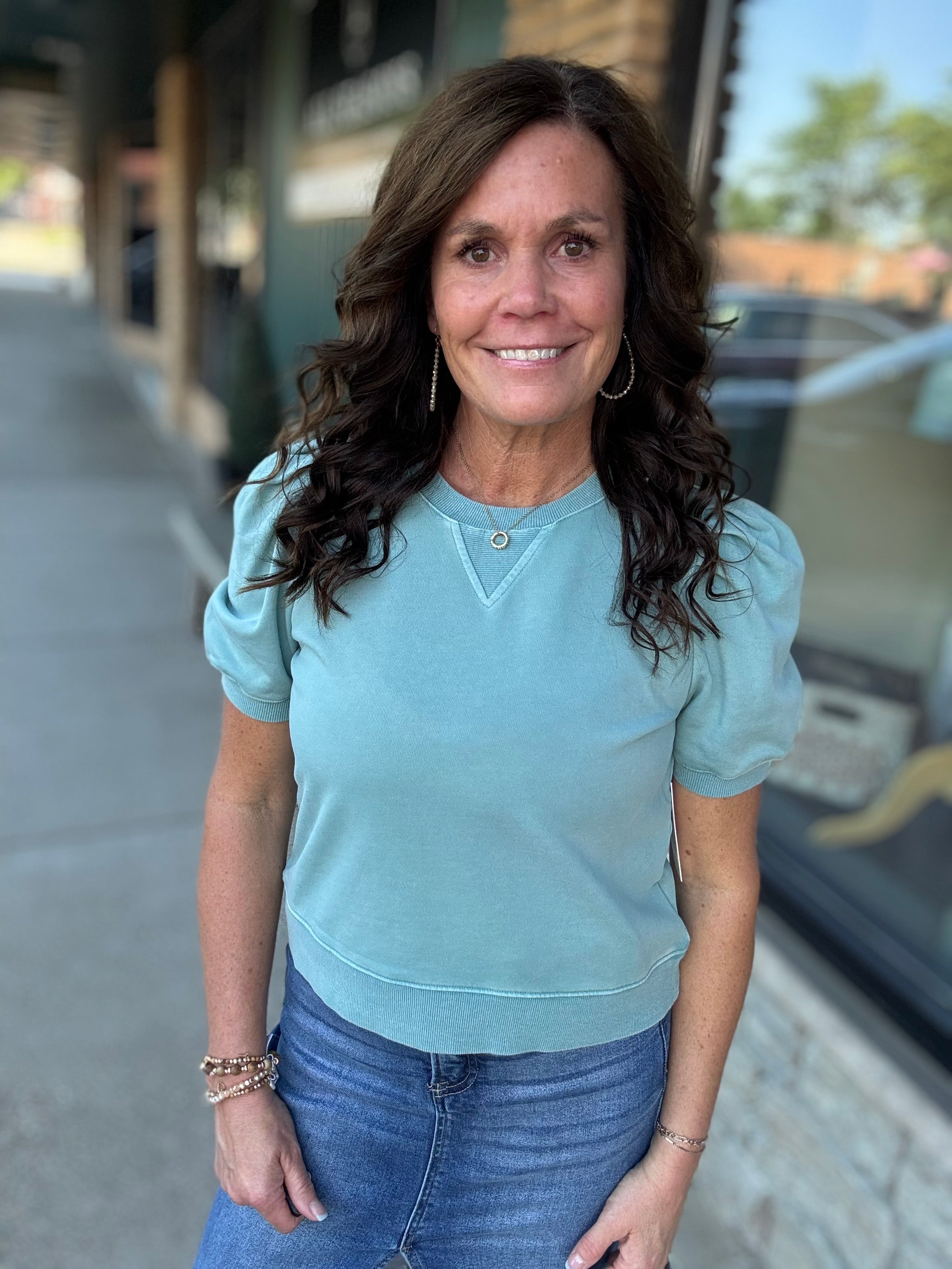 Teal Bubble Sleeve Crew Neck Top Tops- Sweatshirt FATE by LFD